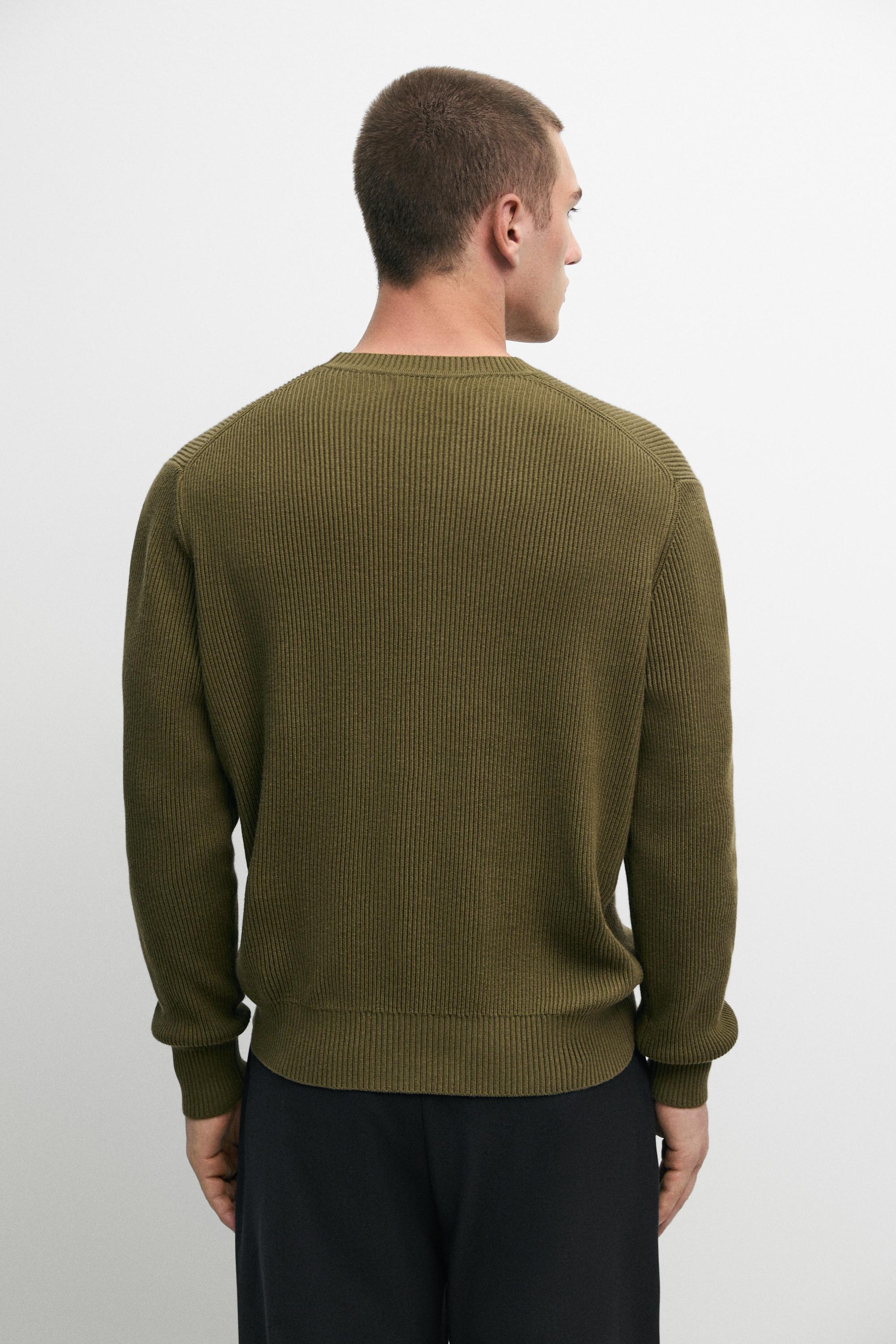 Cotton blend ribbed knit sweater — KHAKI
