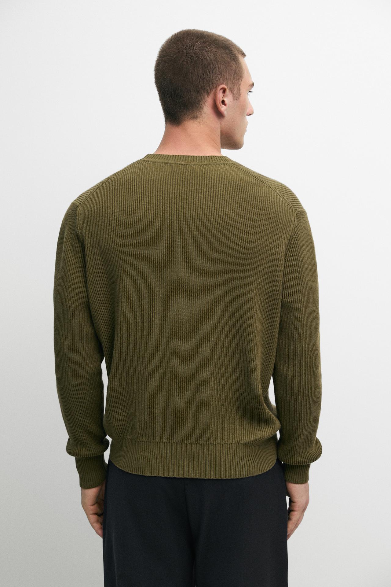 Cotton blend ribbed knit sweater — KHAKI