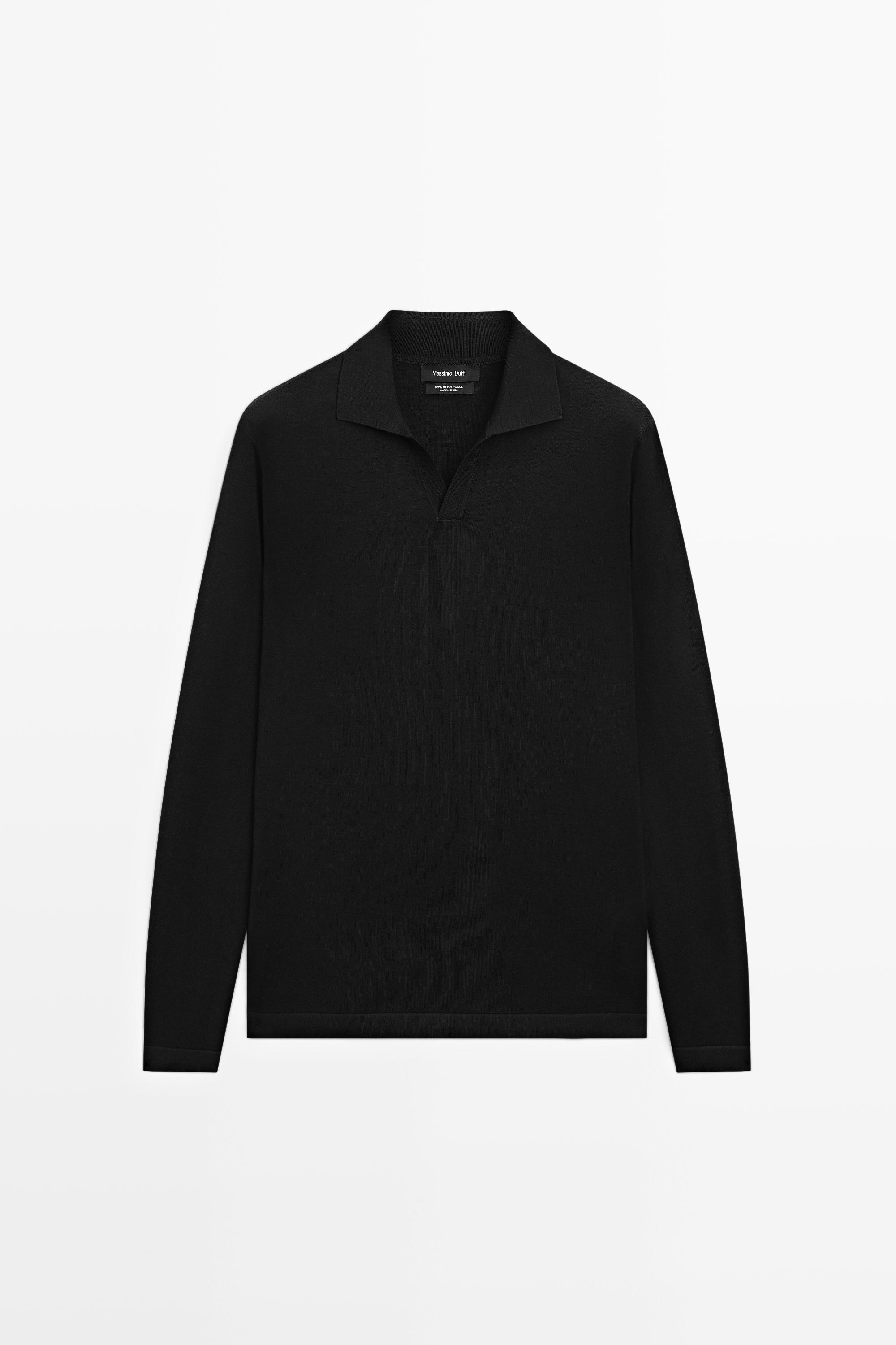 100% merino wool knit polo sweater — BLACK