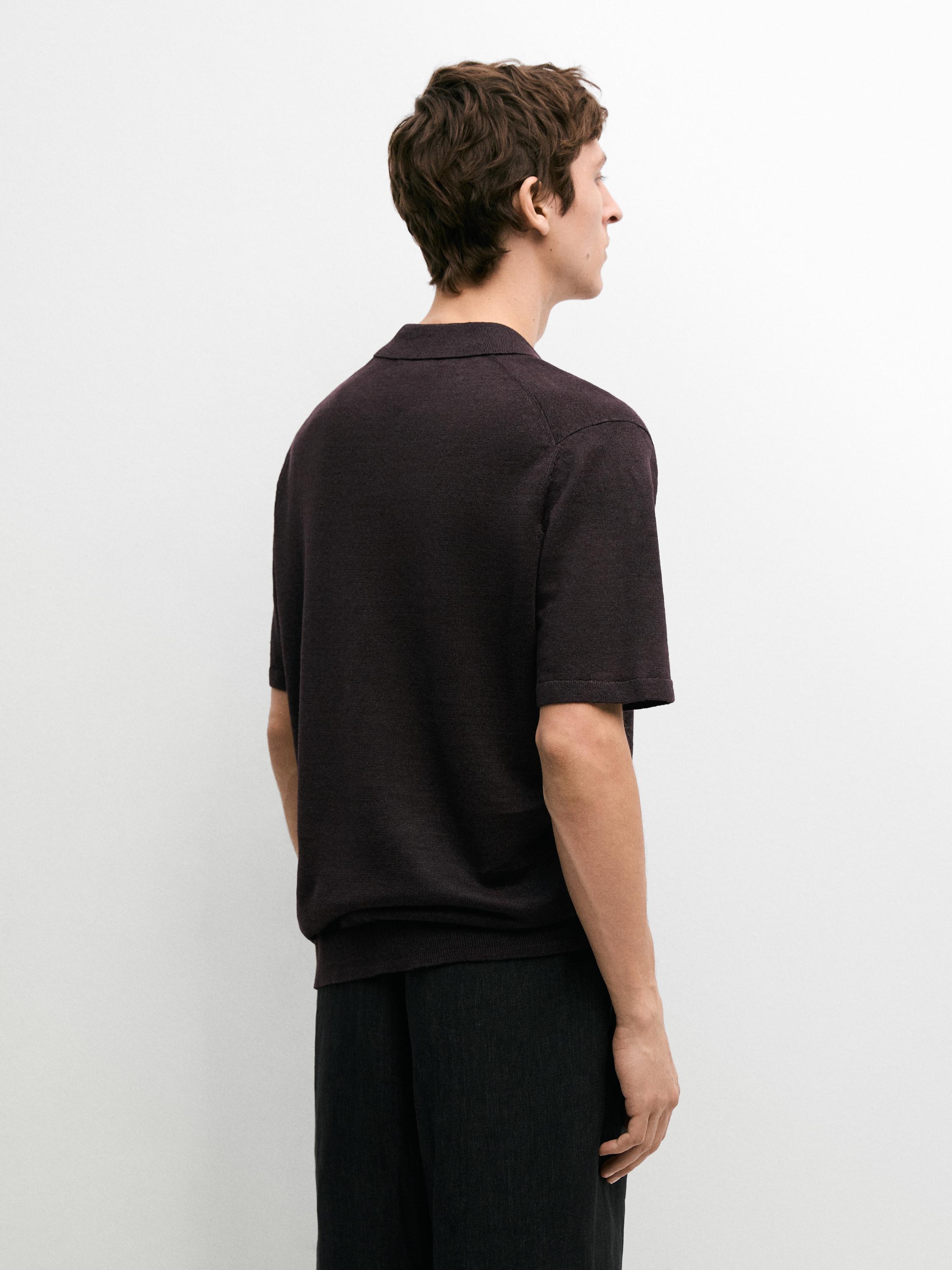 Linen V-neck polo sweater — BURGUNDY