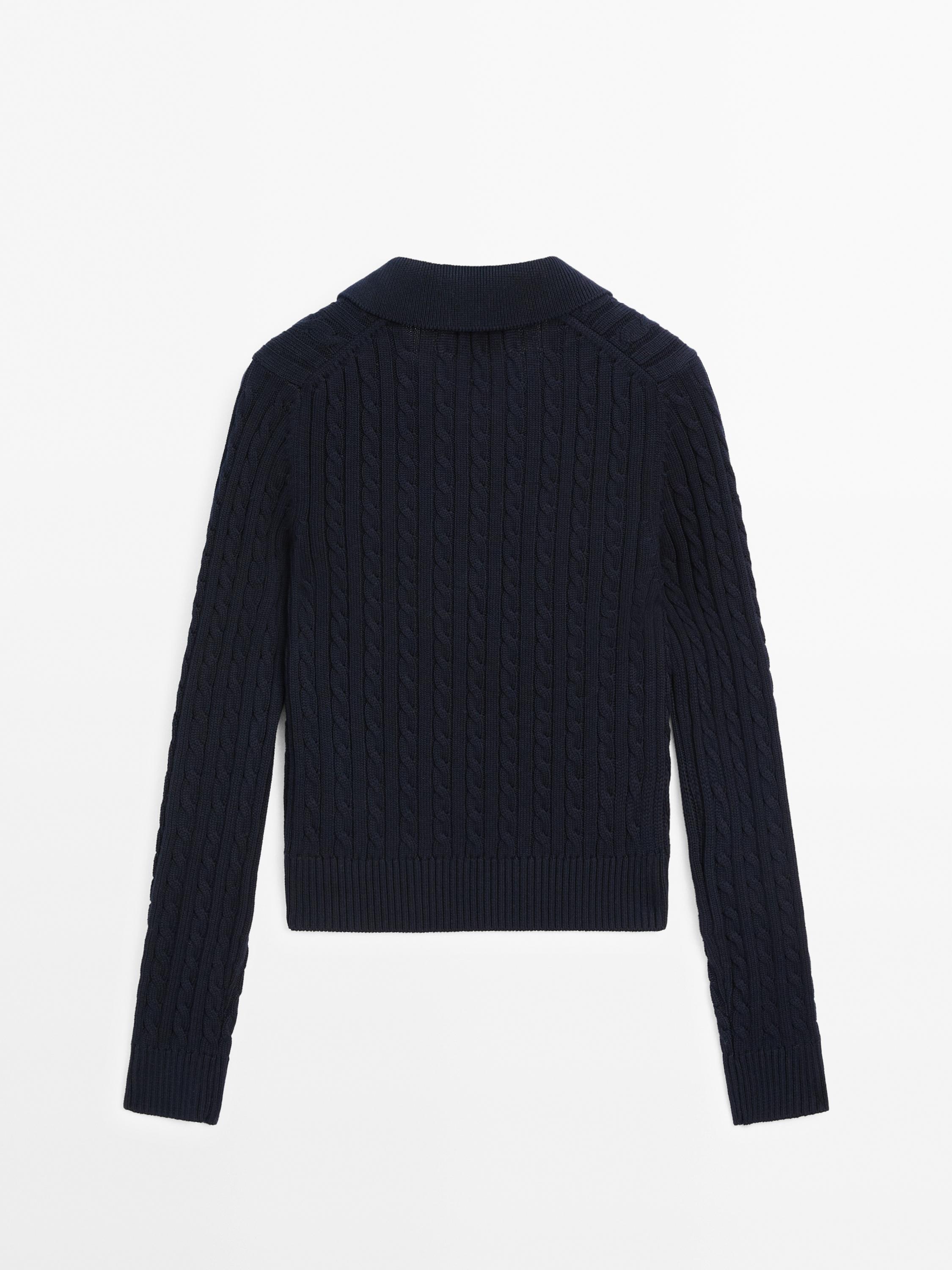 Cotton polo collar cable-knit sweater