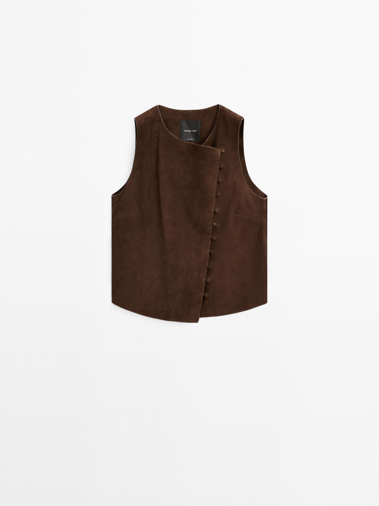 Massimo Dutti - Dame - Kort Vest I Ruskind Med Knapper - Brun - L