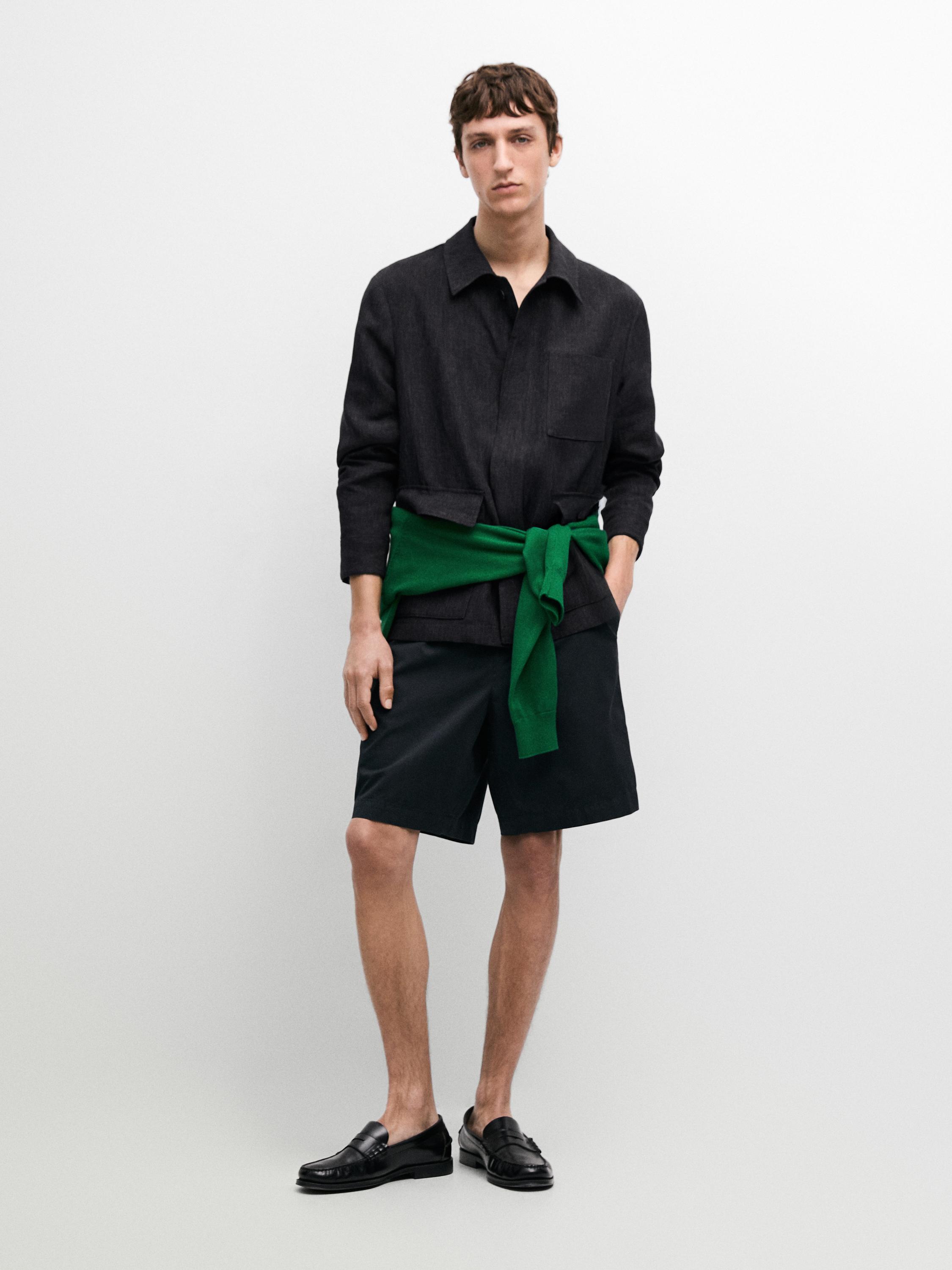 Cotton Bermuda shorts with waist detail — NAVY BLUE