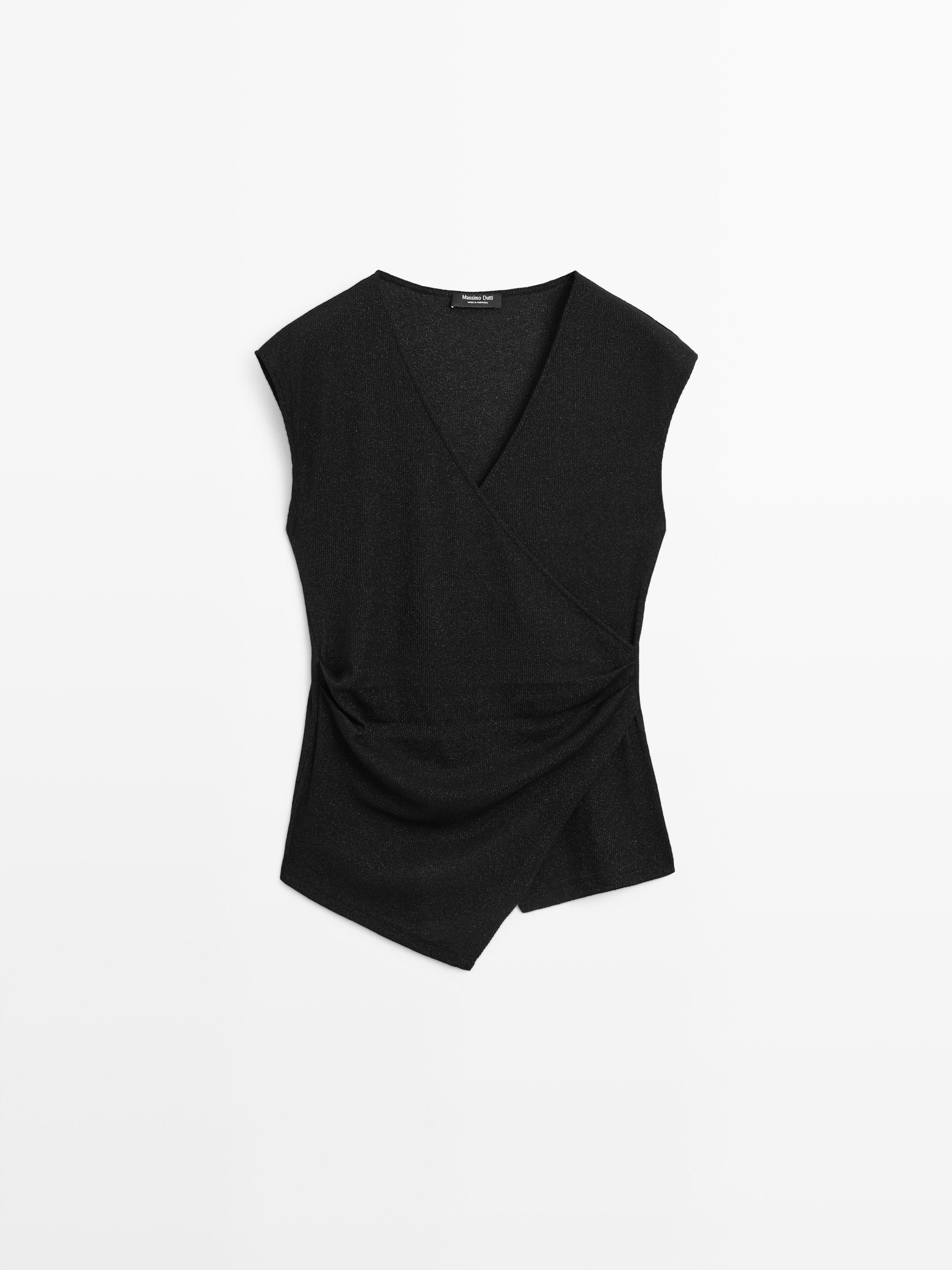 Metallic finish top with surplice neckline