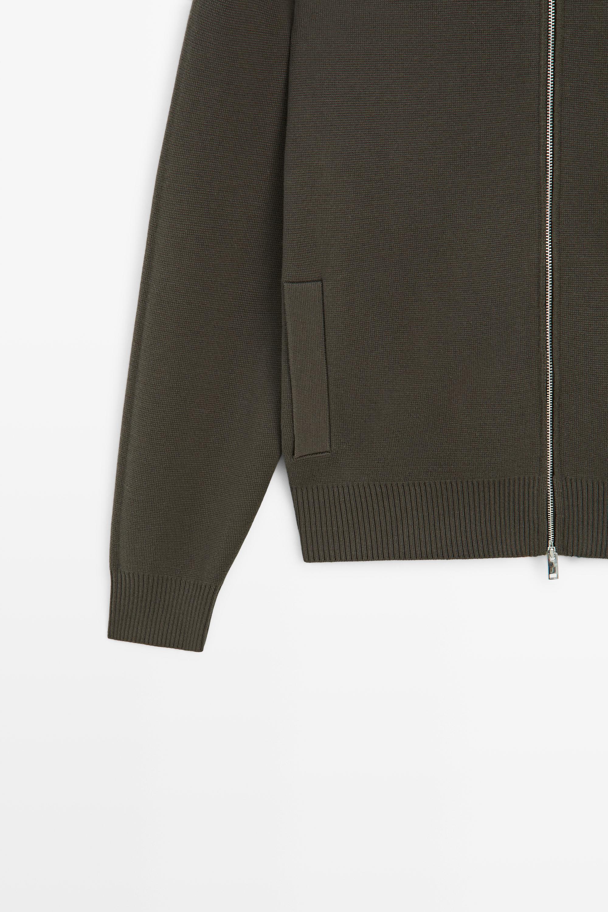 100% cotton zip-up knit cardigan — KHAKI
