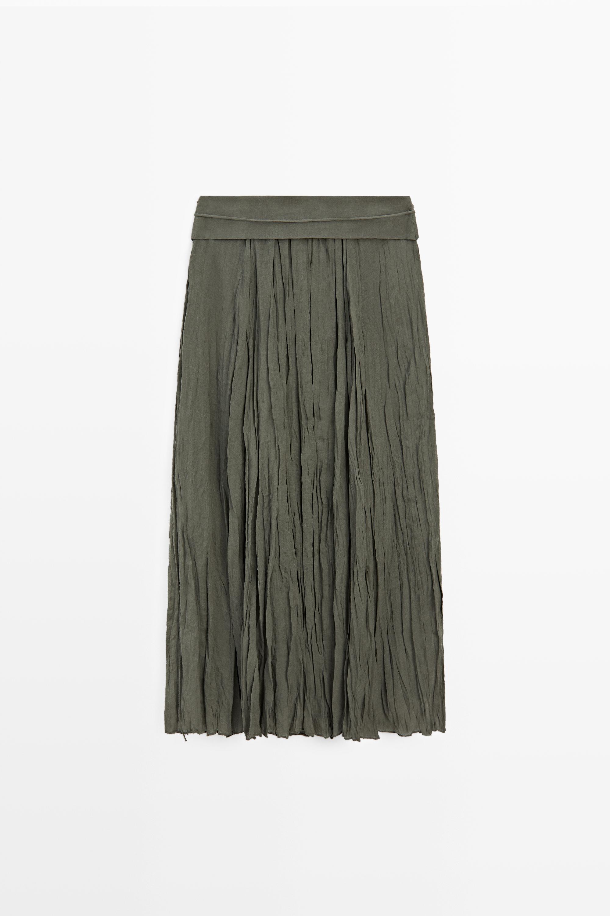 Ramie blend midi skirt with gathered detail — GREEN