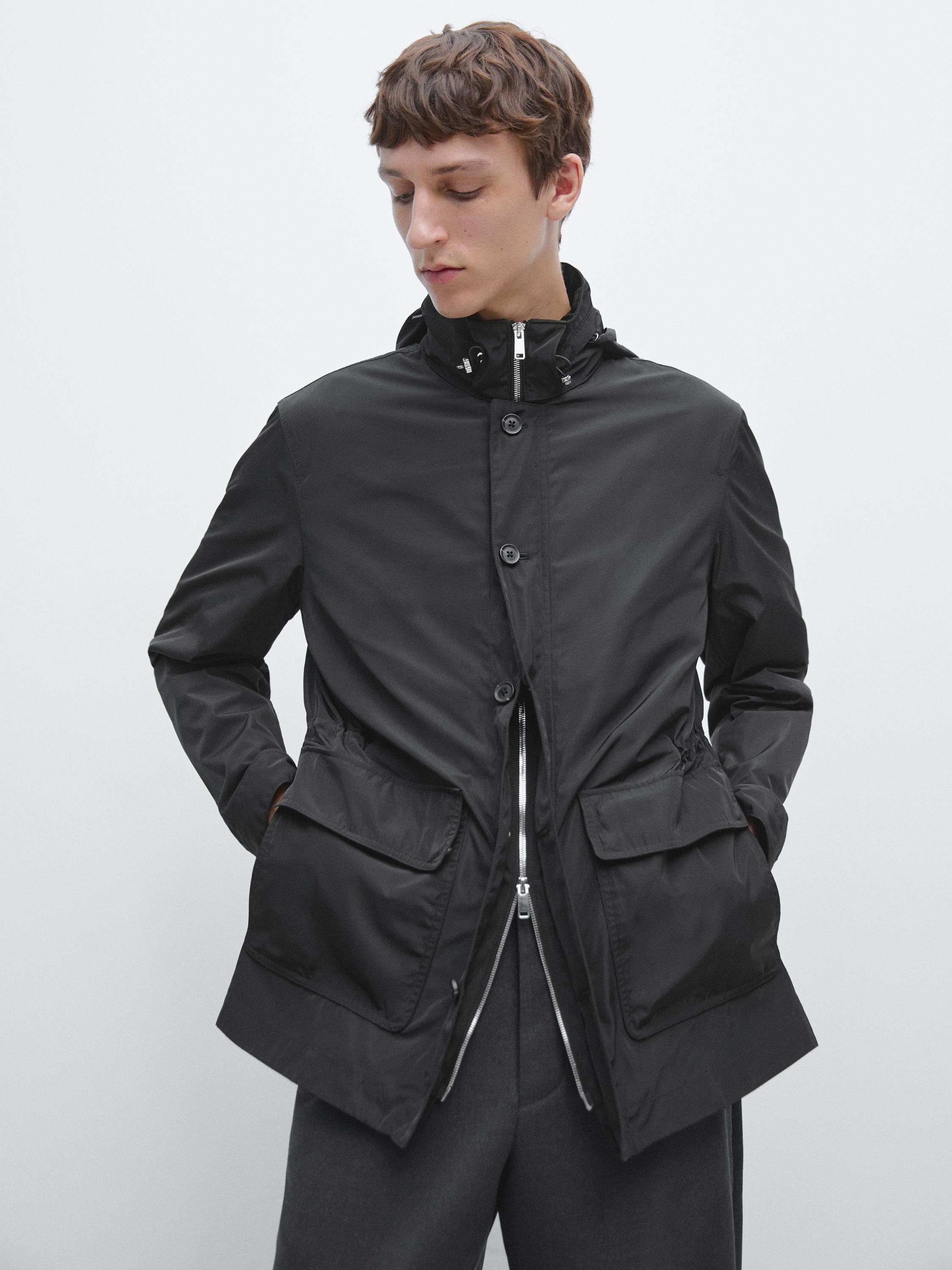 Hooded parka with fabric detail — BLACK
