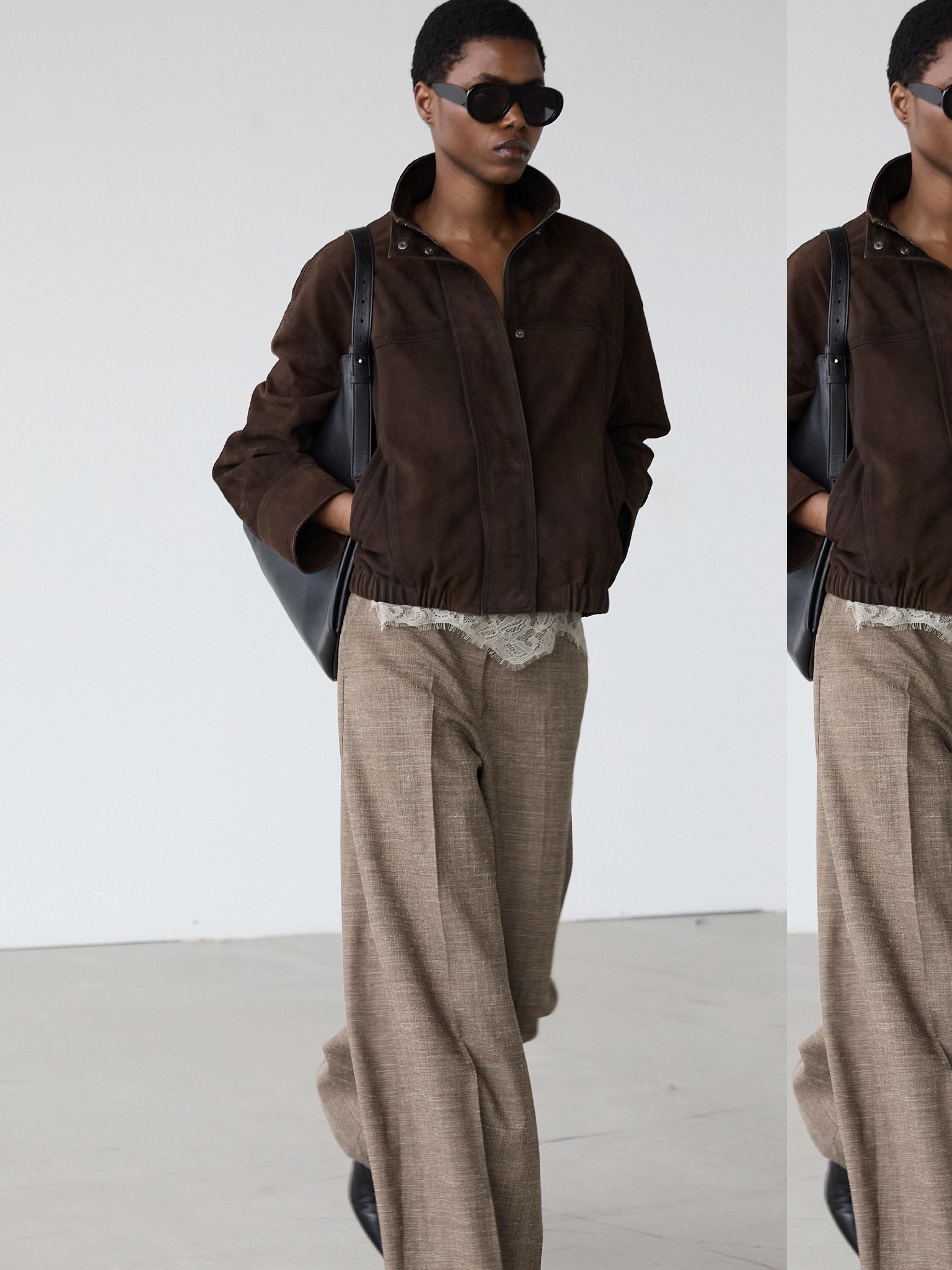 Wide-leg voluminous wool blend trousers — TAUPE GREY
