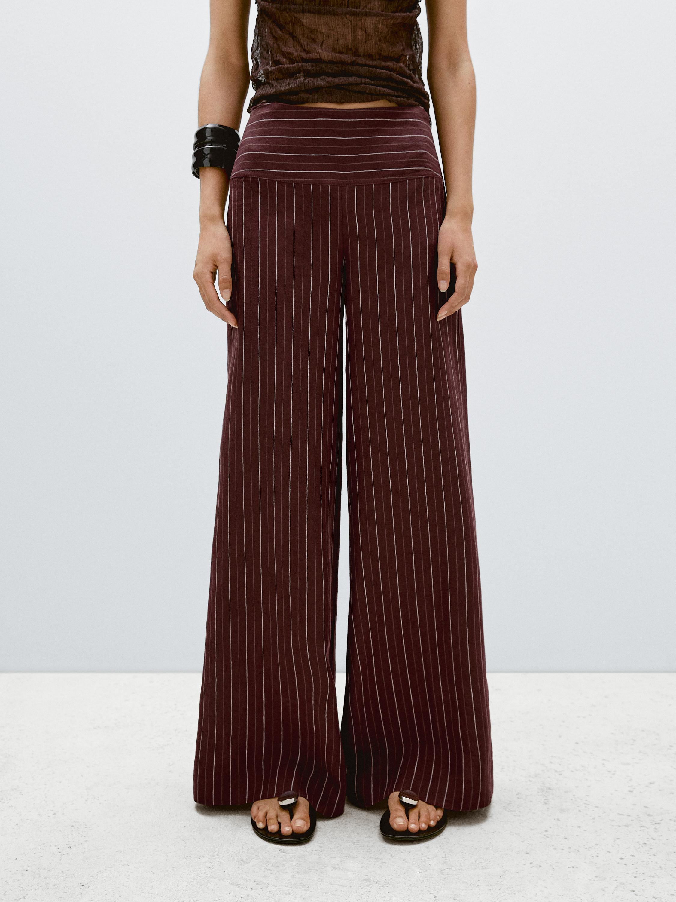 ★ Massimo Dutti★ High waist wide leg linen pants 05042342 High-waist wide-leg linen trousers · Brown, Burgundy, Beige
