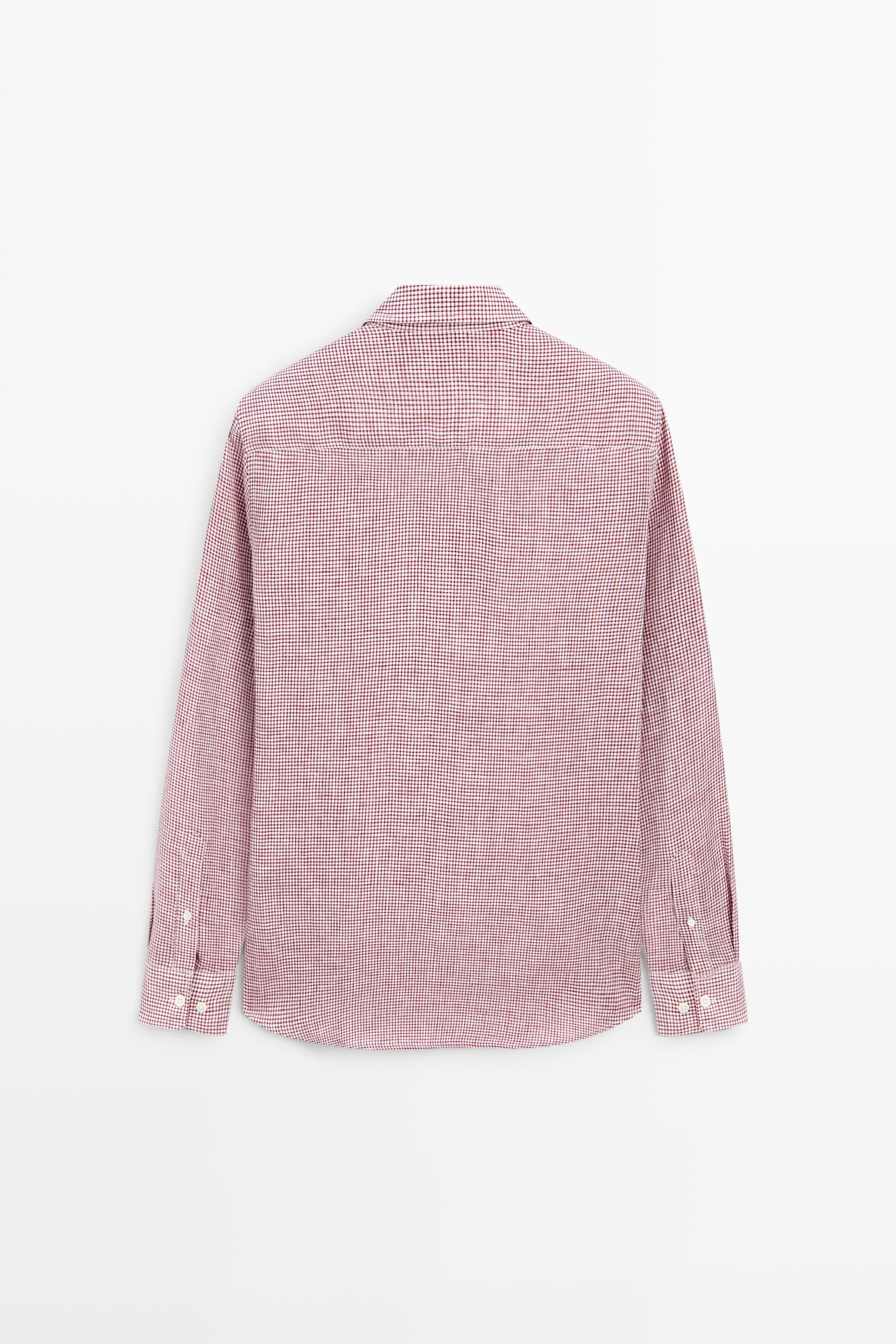 100% linen regular fit micro-checked shirt — BRIGHT RED