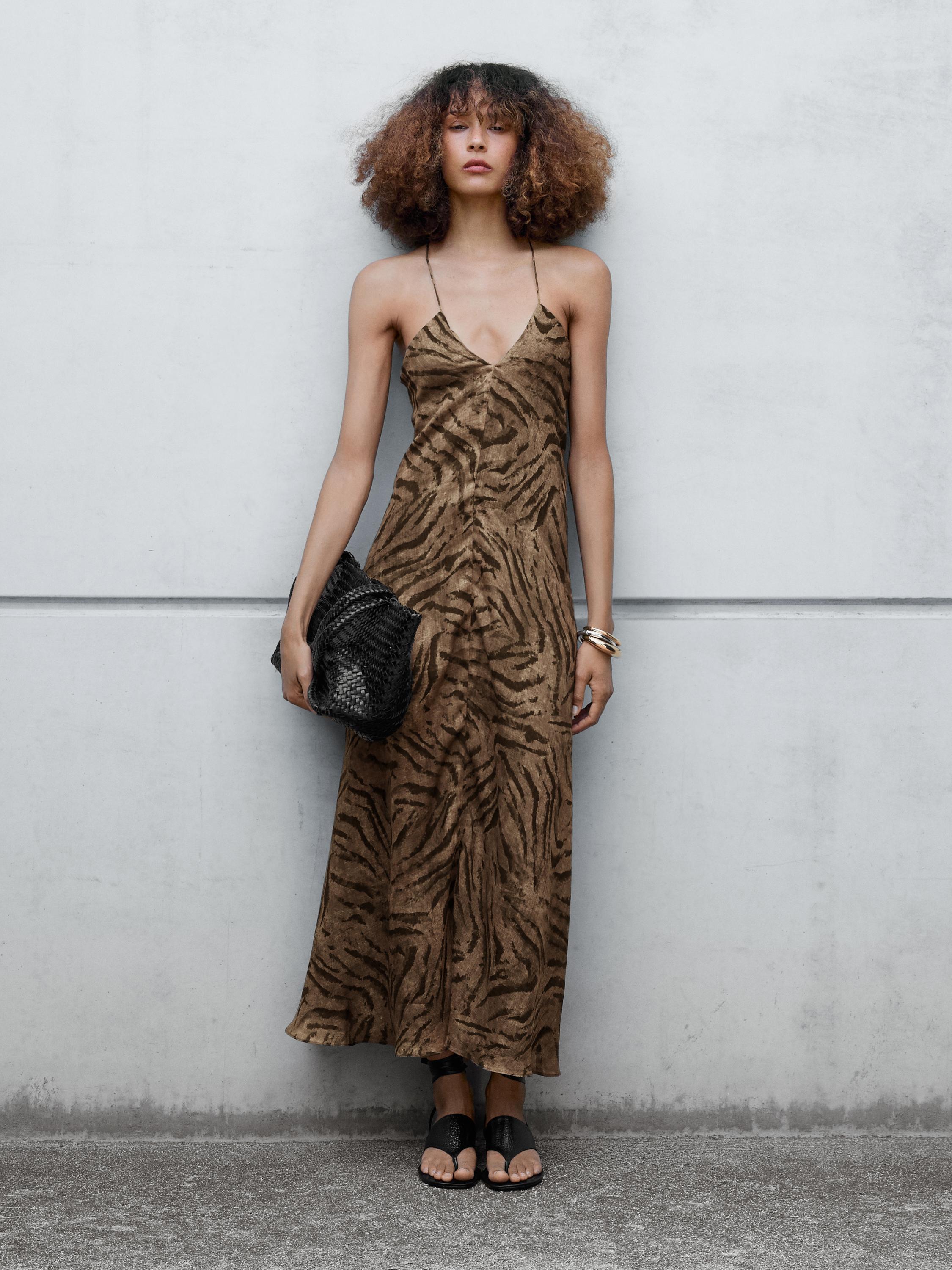 Long ramie blend animal print dress