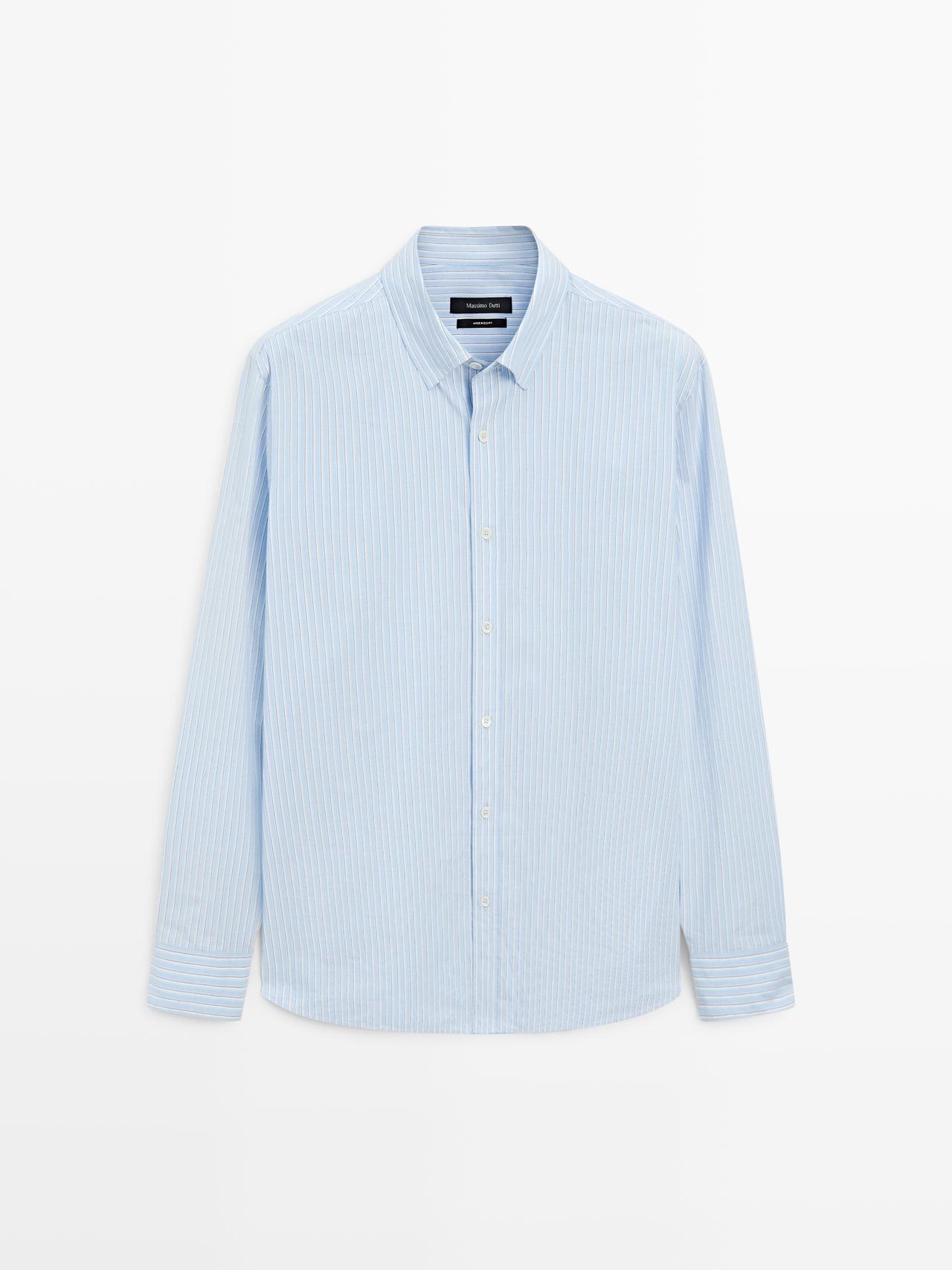 Massimo Dutti - Herre - Regular Fit, Stribet Skjorte I Poplin - Himmelblå - M