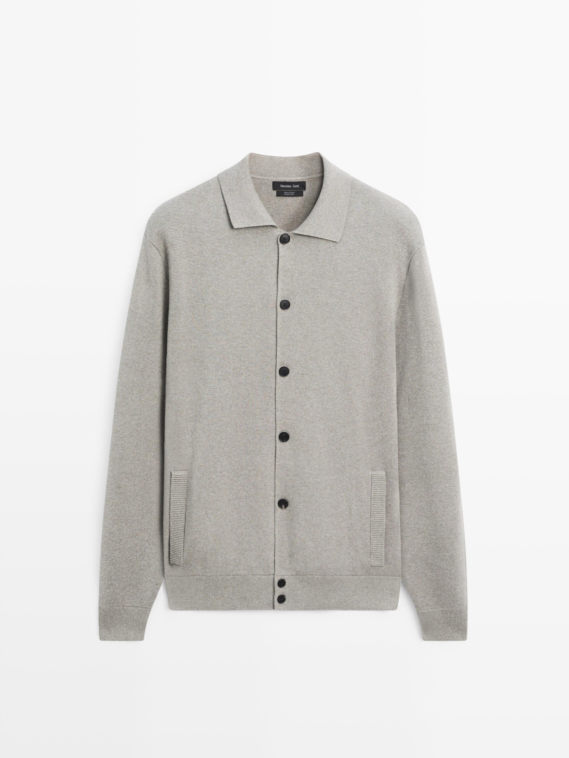 100% cotton knit cardigan with polo collar — APPLE GREEN