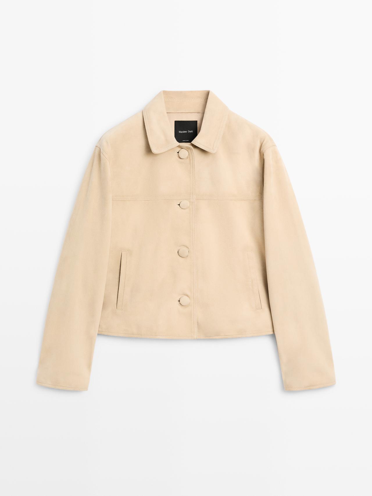 Massimo Dutti - Dames - Kort Suède Leren Jack - Beige - L