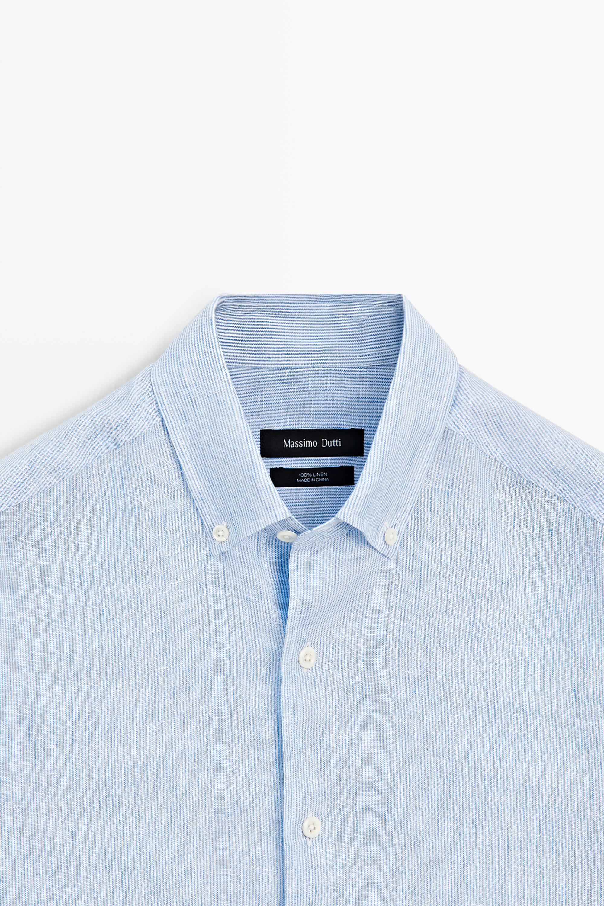 100% linen regular fit pinstriped shirt — SKY BLUE