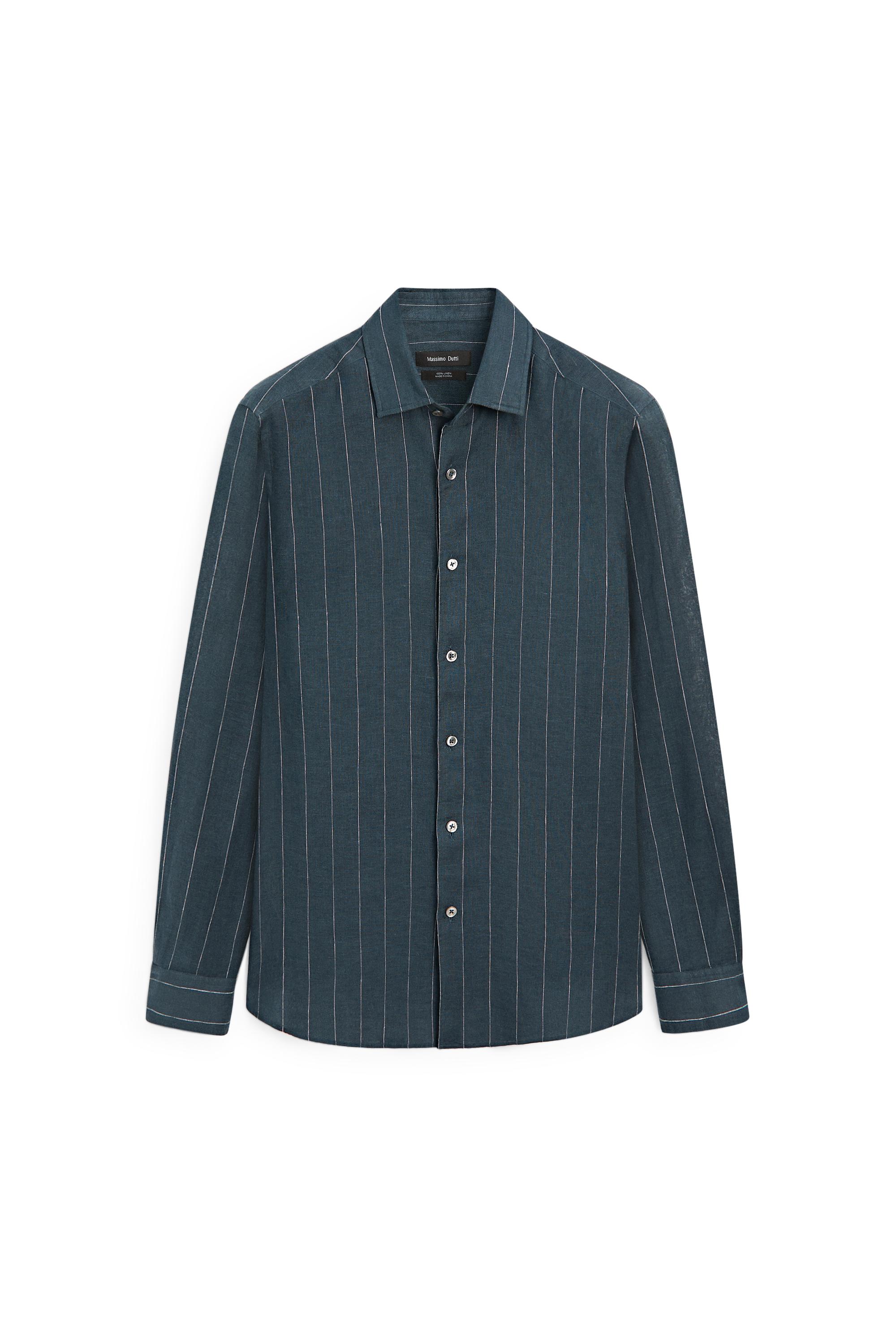 Regular fit striped 100% linen shirt — PETROL BLUE