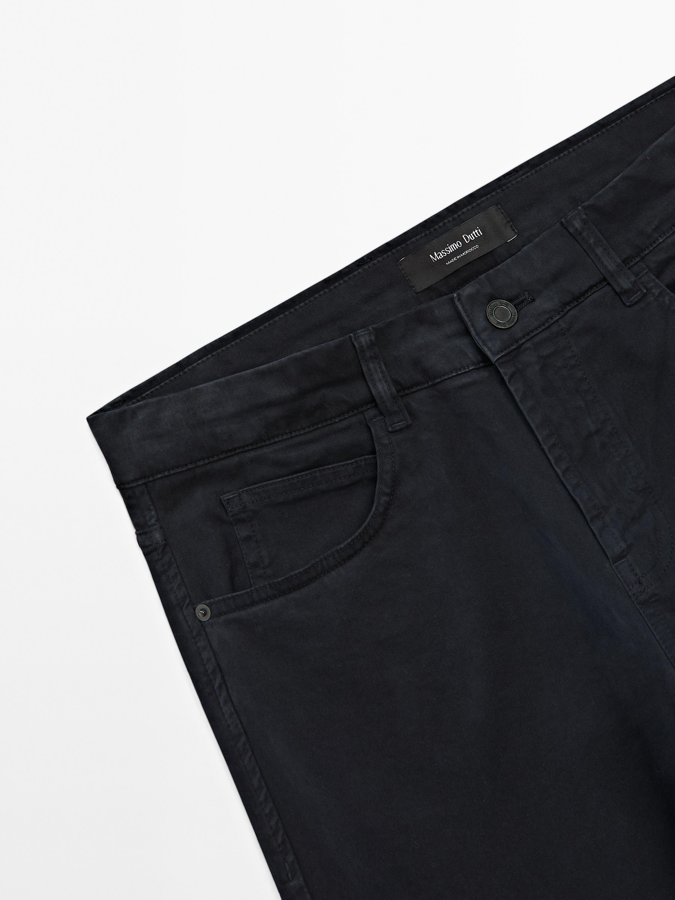 Slim fit cotton blend sateen denim trousers