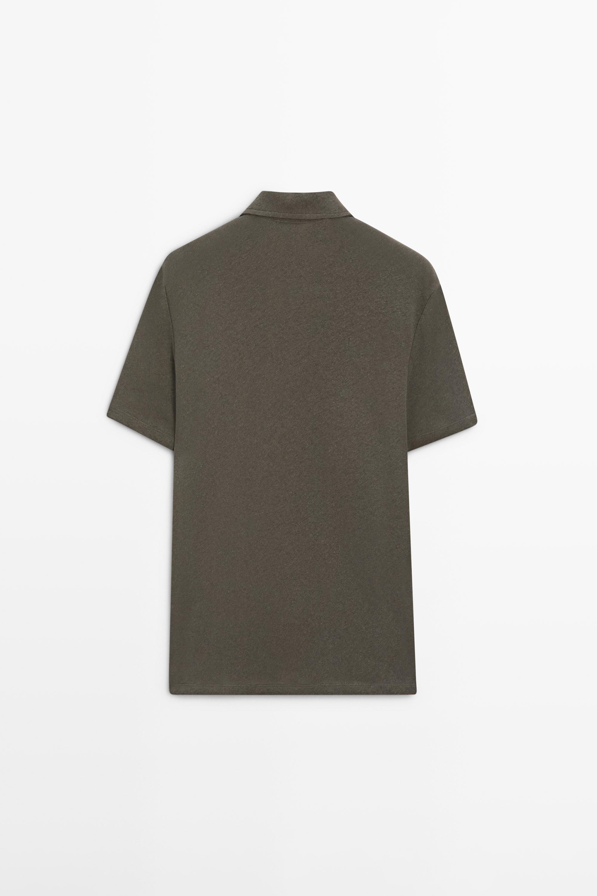 Linen and cotton short sleeve polo shirt — KHAKI
