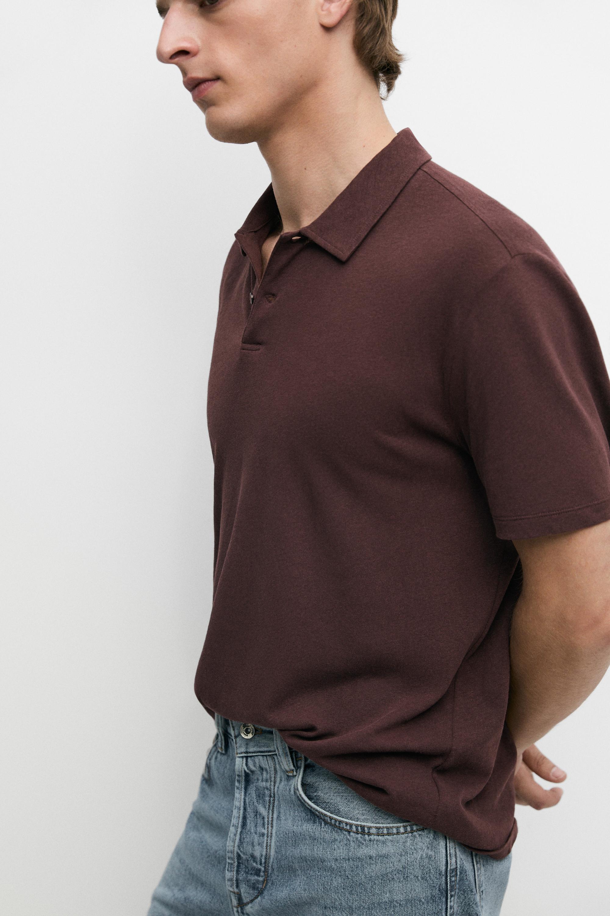 Linen and cotton short sleeve polo shirt — BURGUNDY