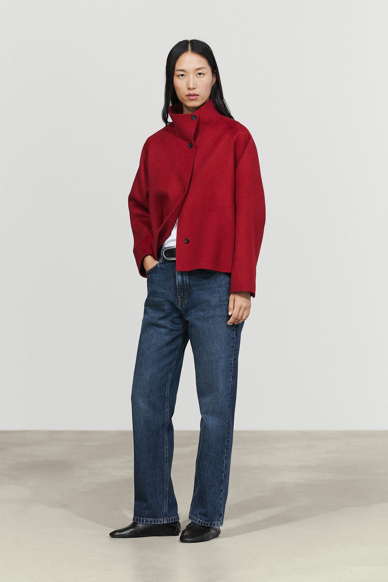 Short wool blend stand collar coat — RED