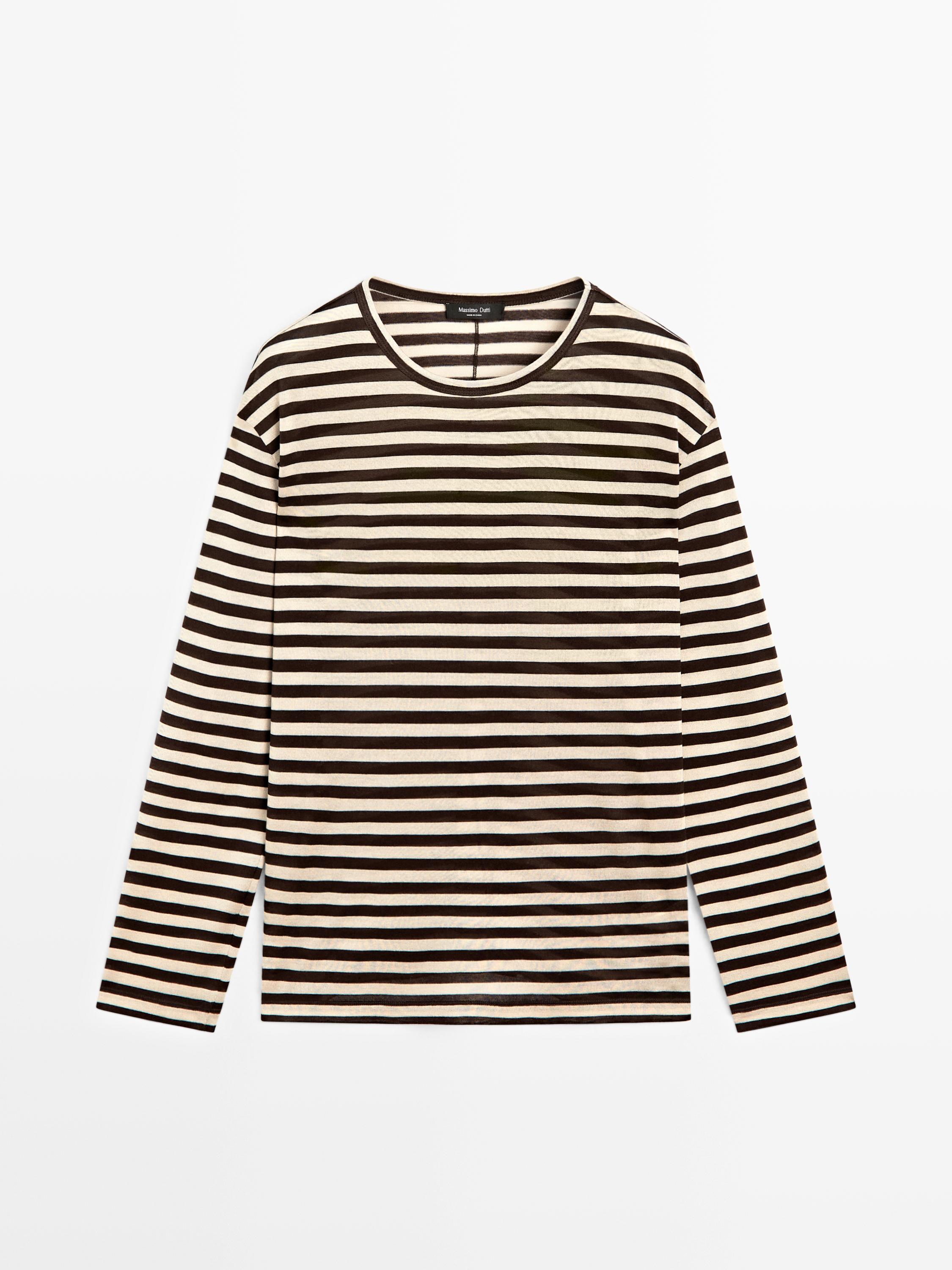 Front view of a brown horizontal striped long-sleeved crew-neck t-shirt.