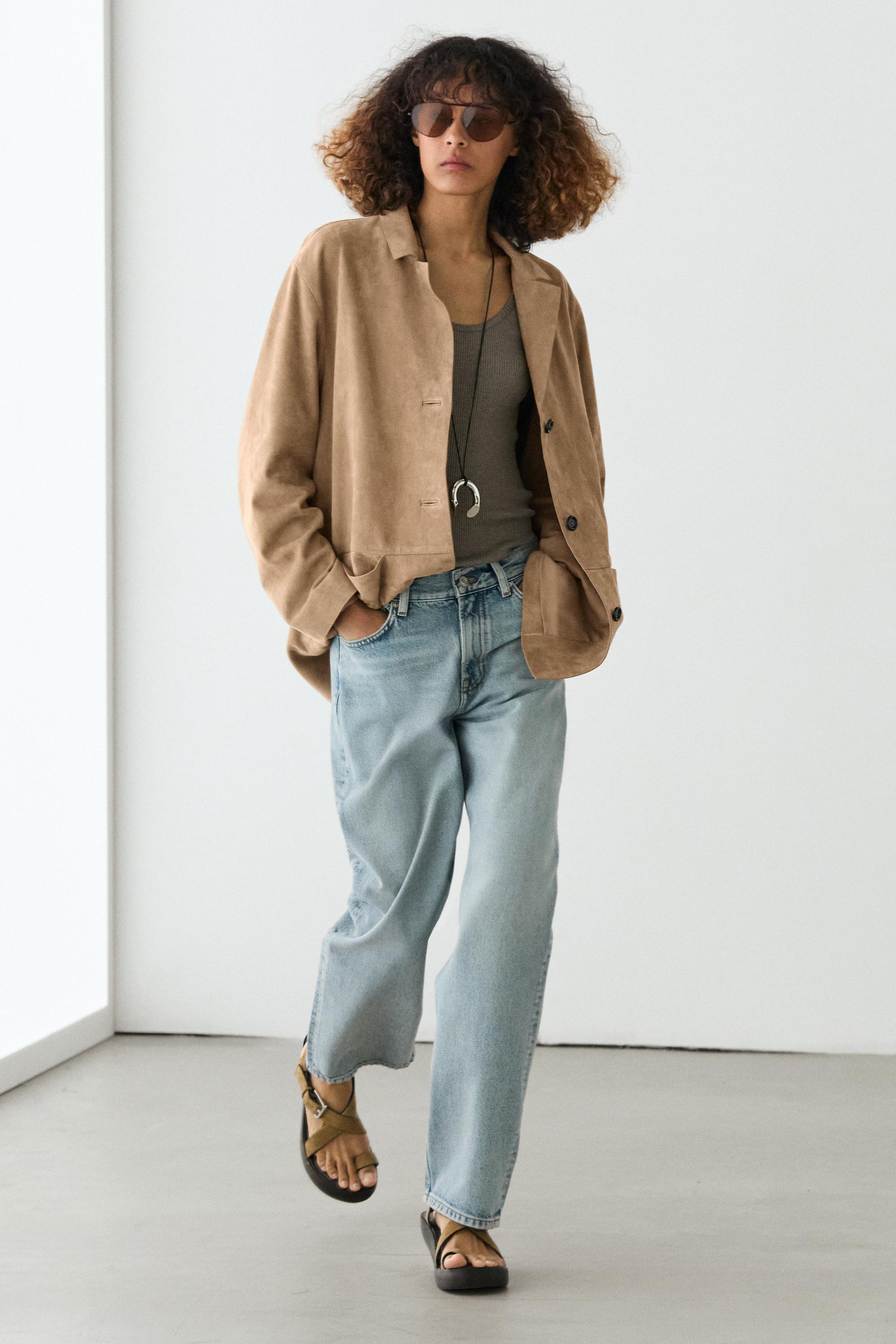 100% suede leather blazer with pocket details — SAND