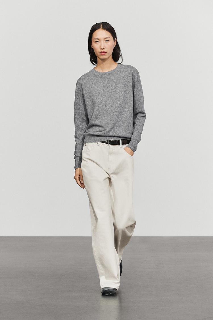 Wool blend crew neck knit sweater — GREY MARL