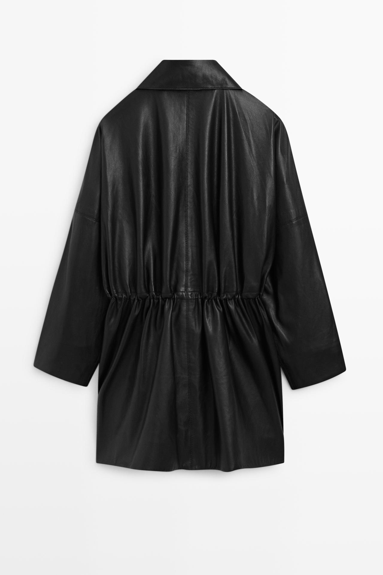 Nappa leather parka with gathered detail — BLACK