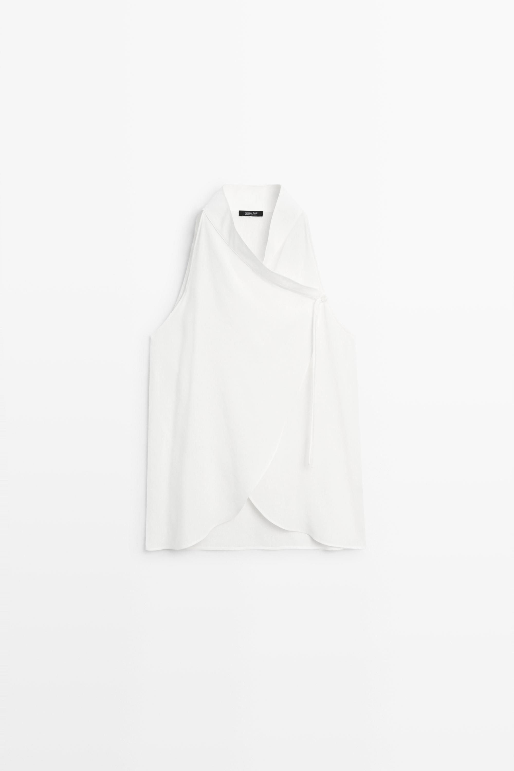 Flowing linen halter crossover top — WHITE