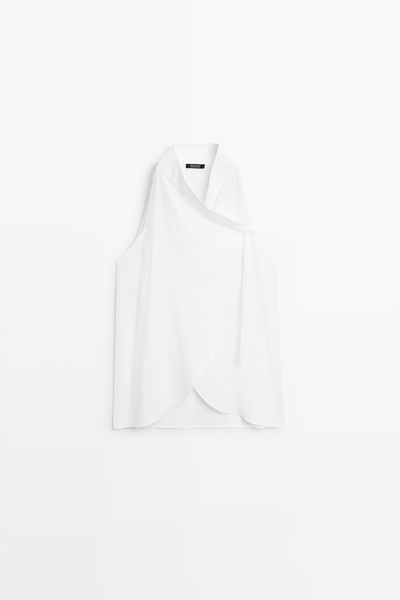 Flowing linen halter crossover top — WHITE