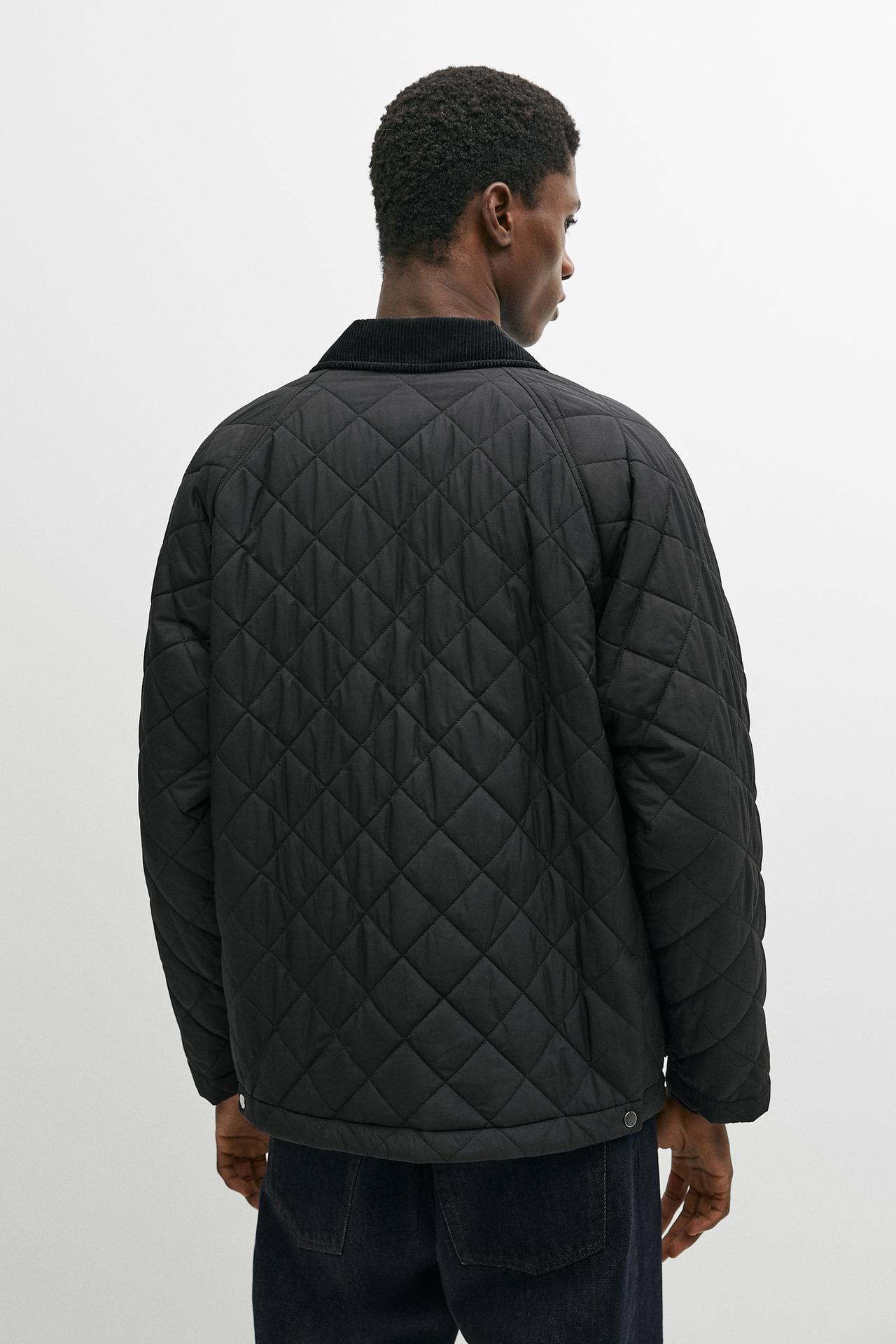 Quilted jacket with corduroy collar — BLACK