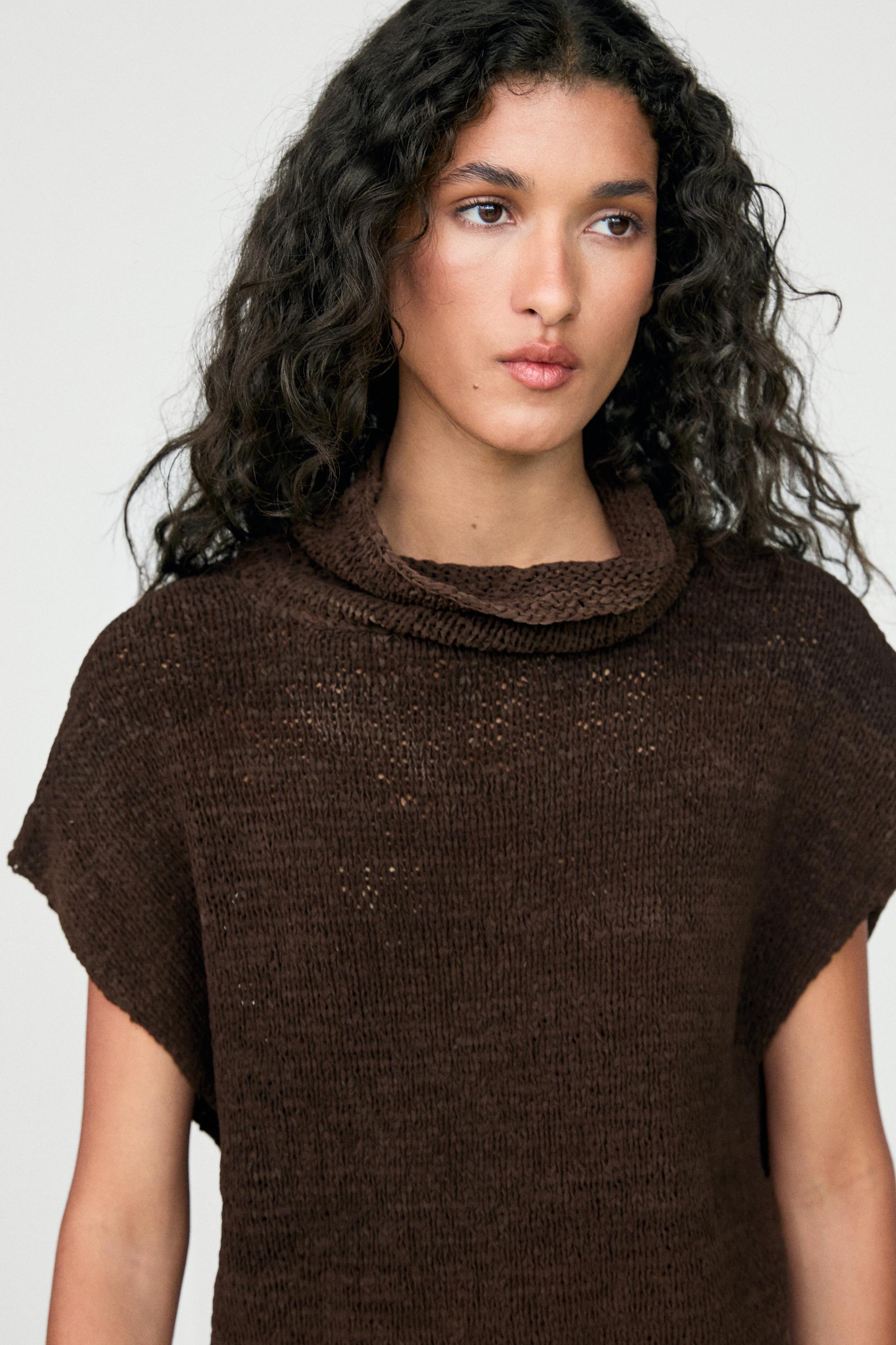 Suede leather knit top — BROWN