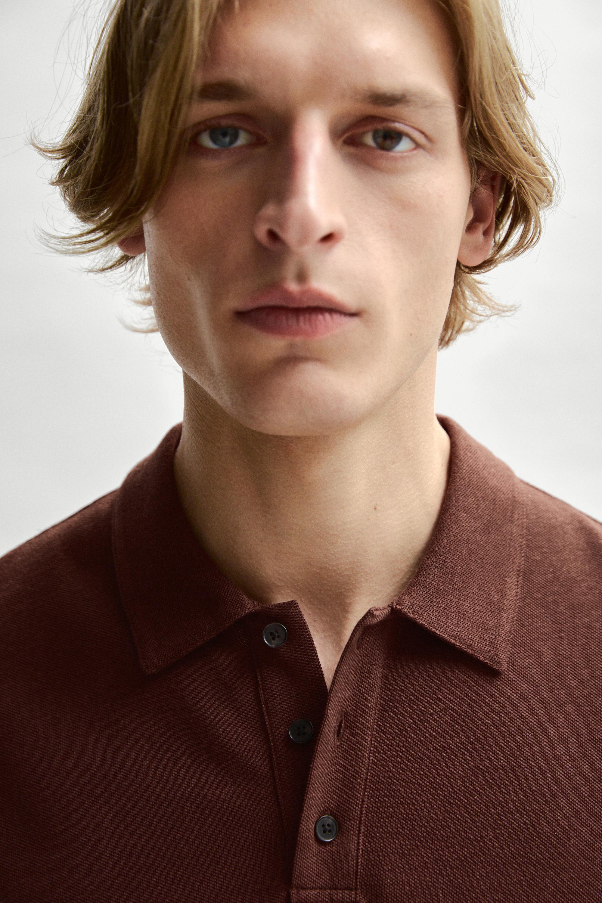 Micro-textured cotton blend polo shirt — Russet Brown