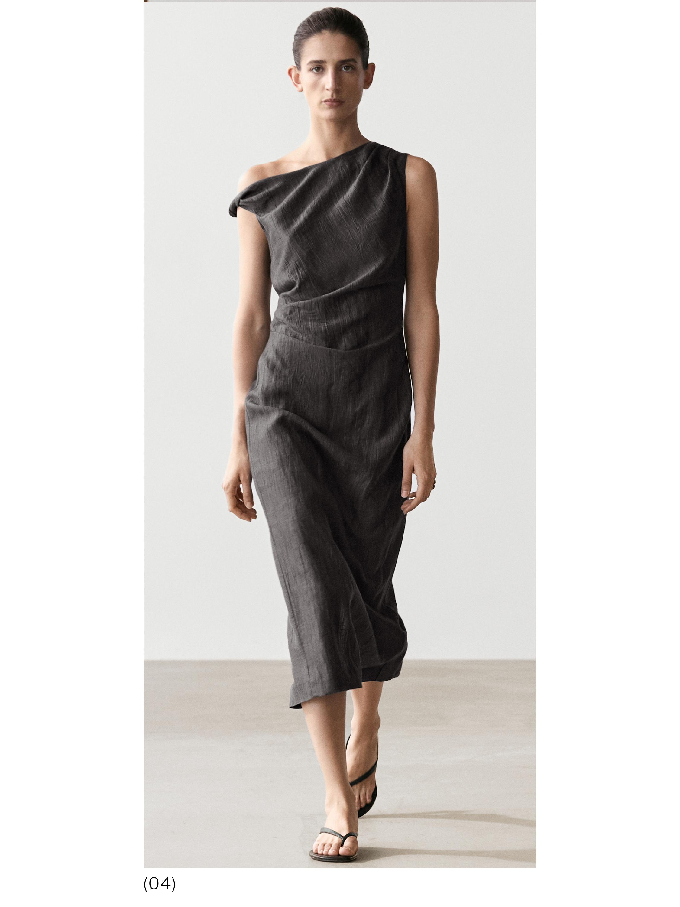 Midi dress with pleated shoulder detail — DARK GREY