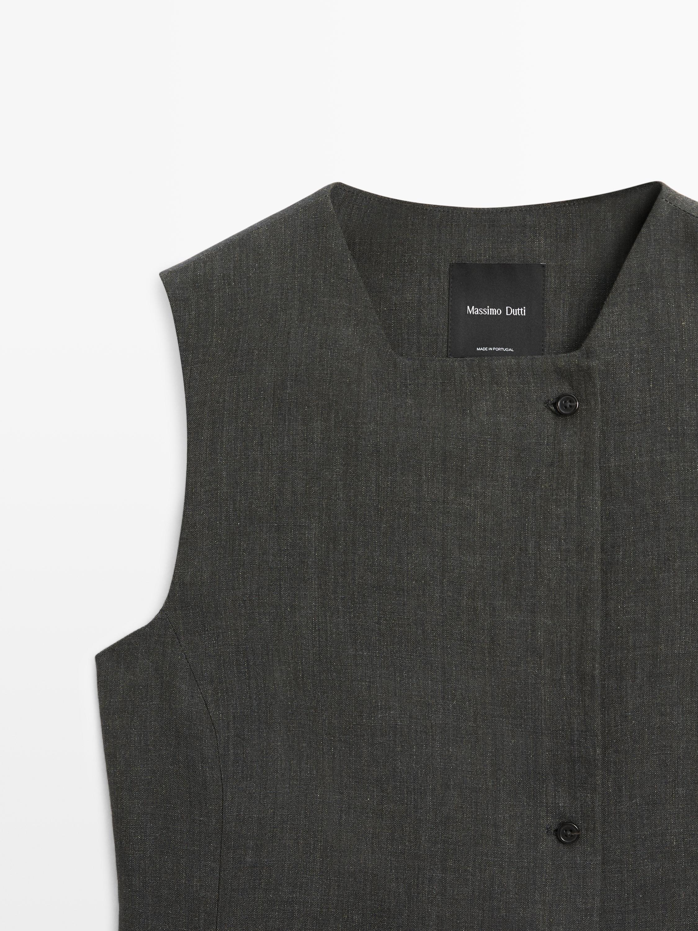 Melange linen double-breasted waistcoat with buttons — BLUISH GREEN