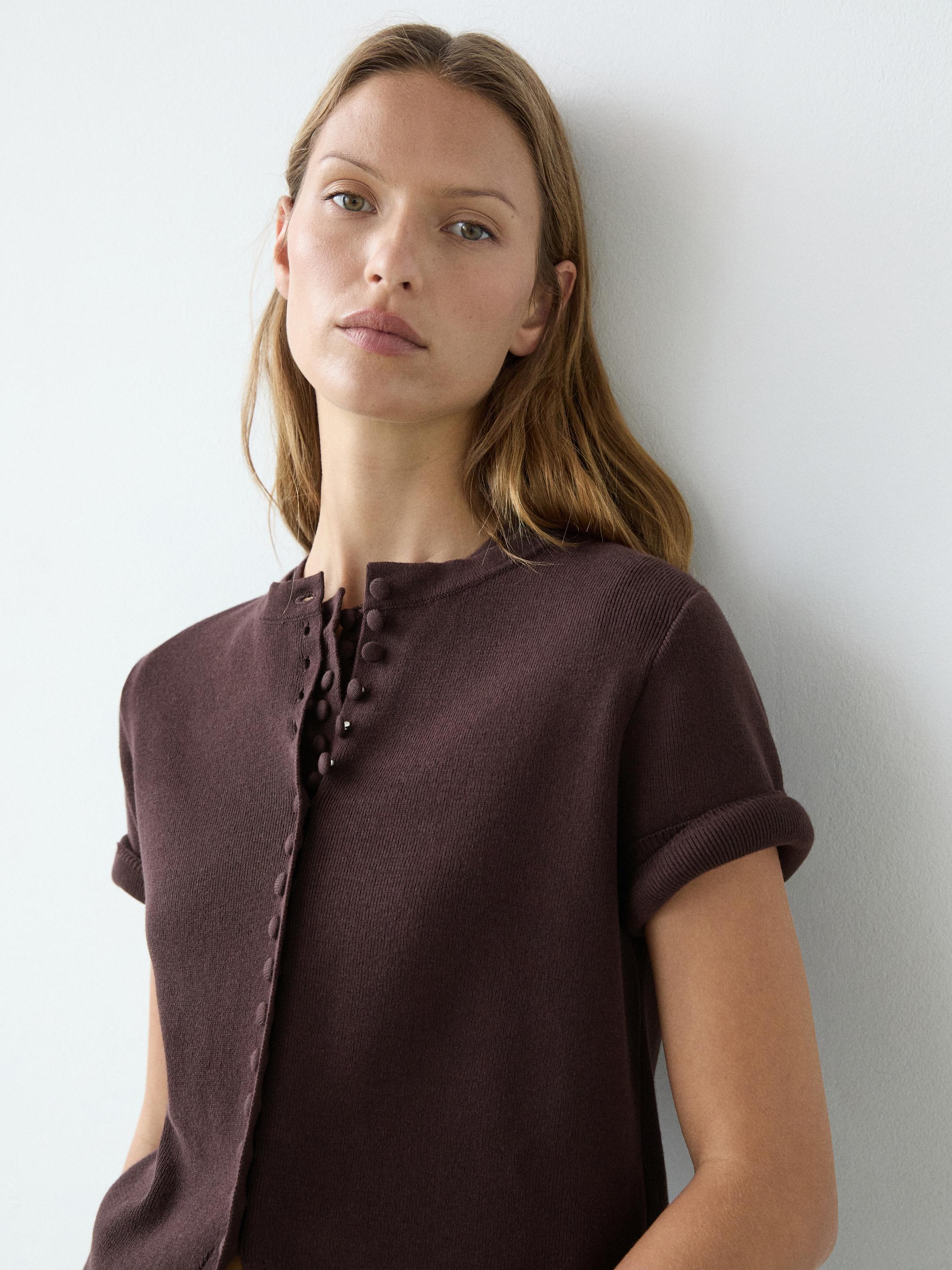 Cotton short sleeve knit cardigan — BROWN