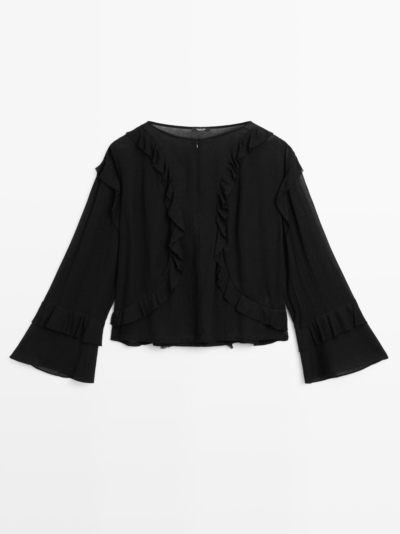 Massimo Dutti - Dames - Soepelvallende Blouse Met Volants En Rits - Zwart - M