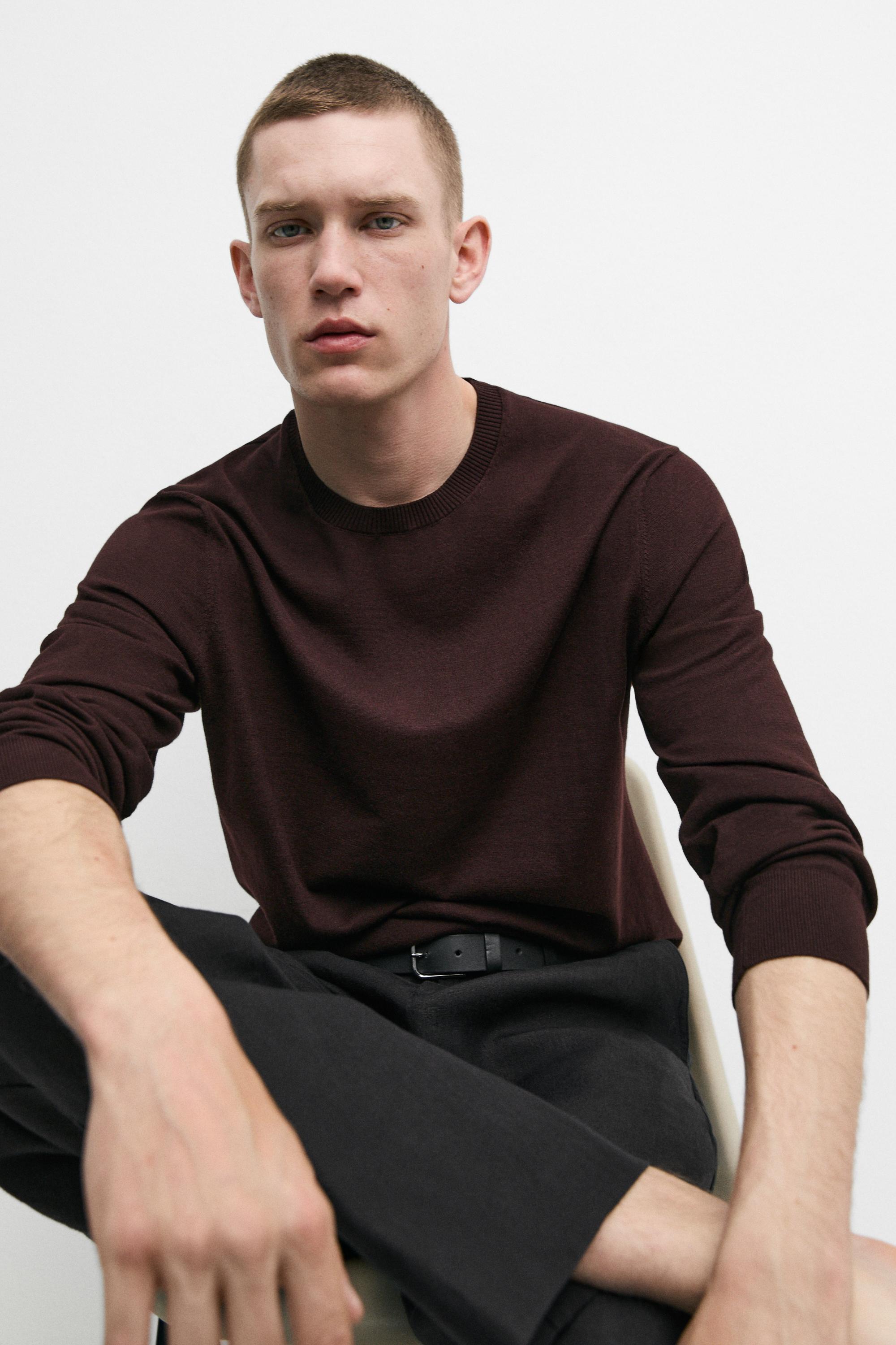 Knit 100% cotton crew neck sweater — BURGUNDY