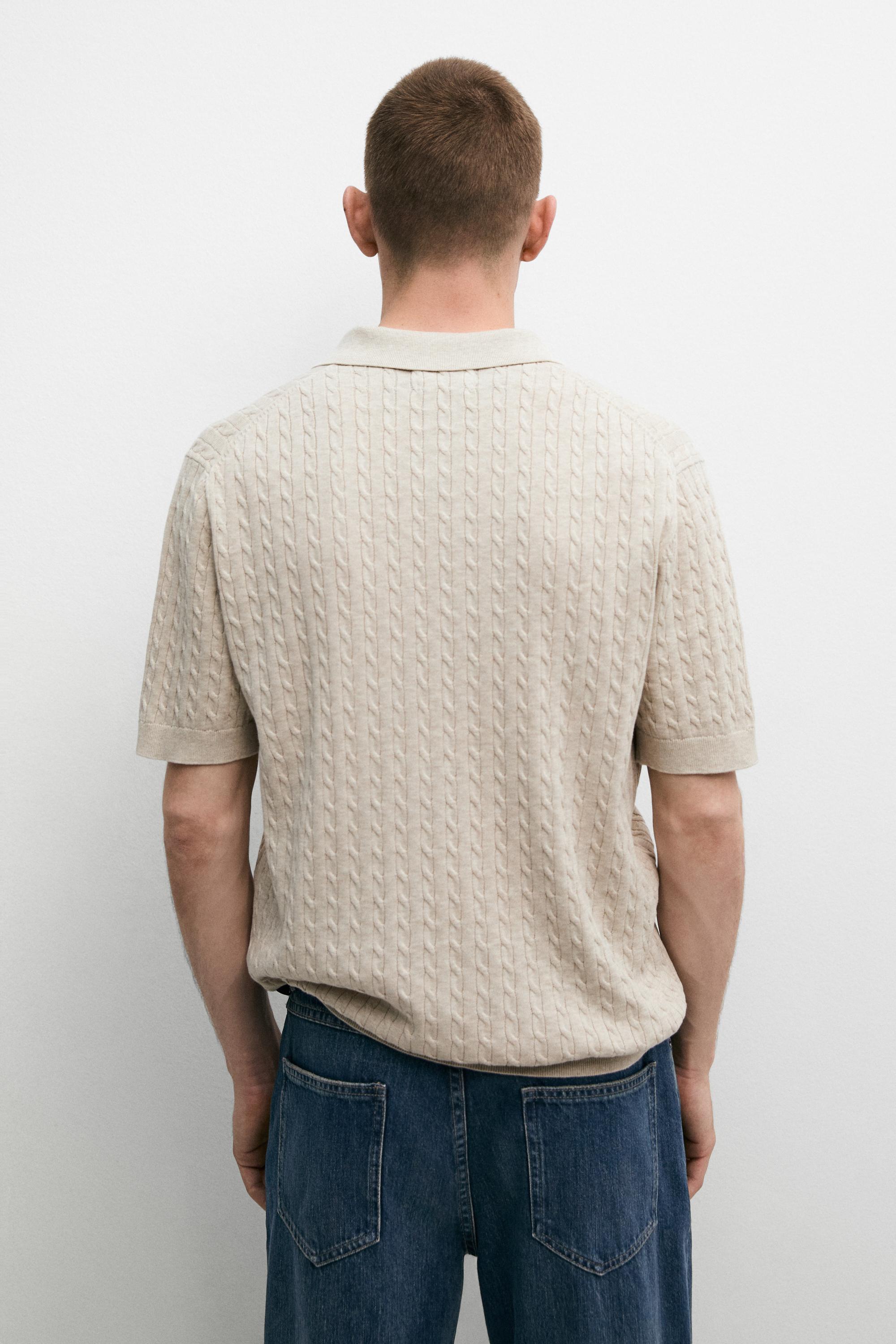 100% cotton cable-knit polo shirt — BEIGE