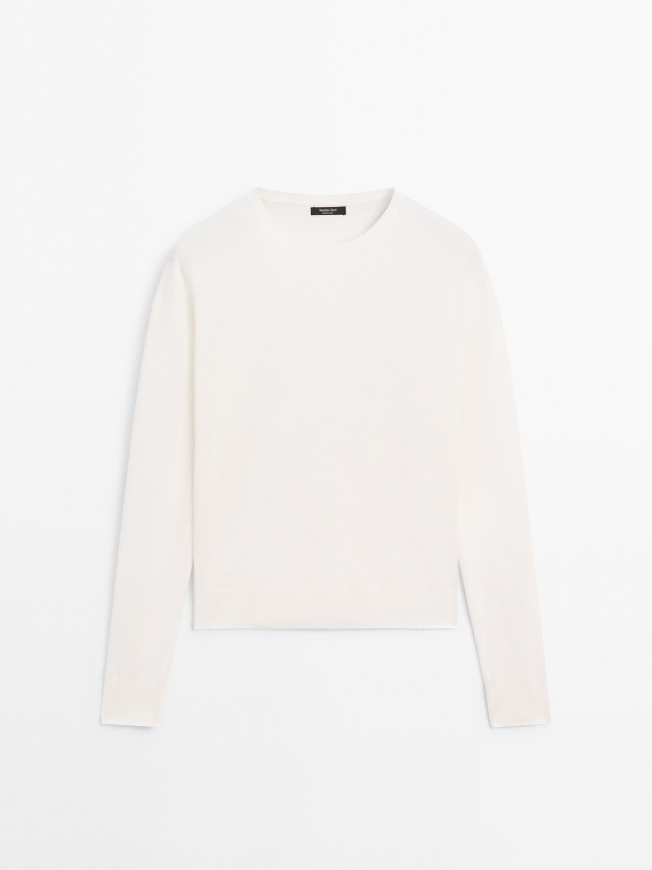 Massimo Dutti - Dame - Striktrøje I Uldblanding Med Rund Hals - Råhvid - Xl