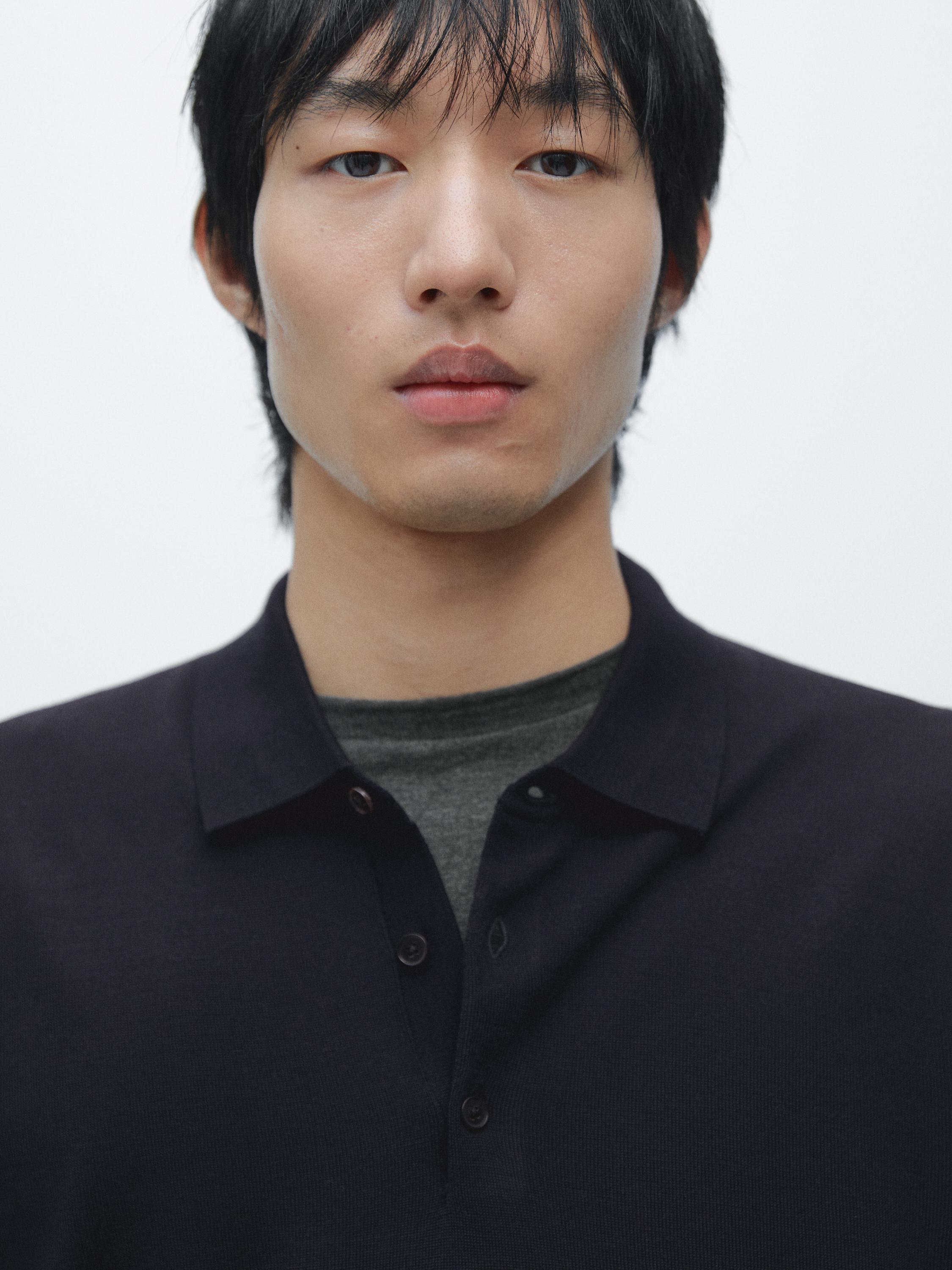 100% wool knit sweater with polo collar — NAVY BLUE