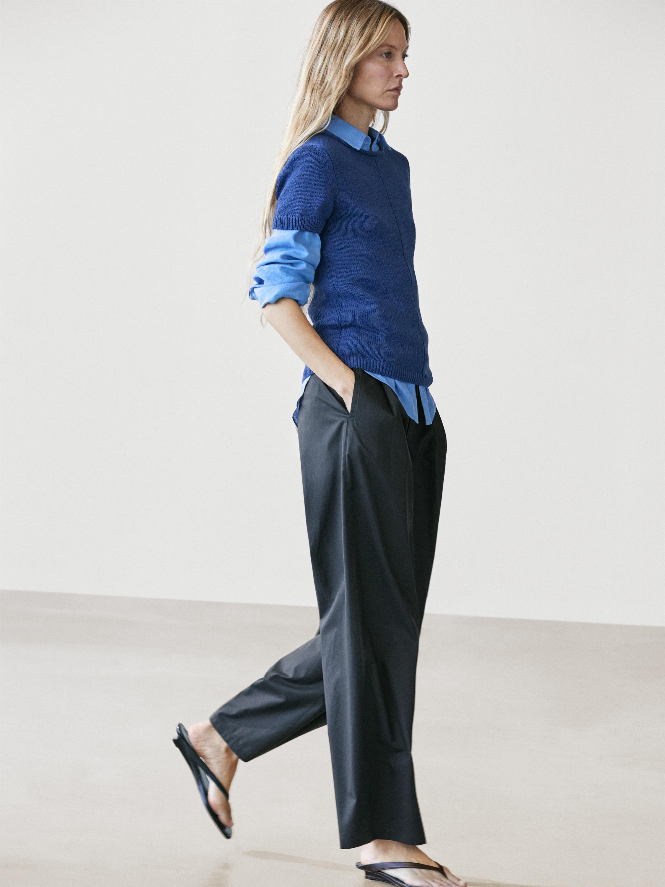 Short sleeve knit cotton blend sweater — DEEP BLUE