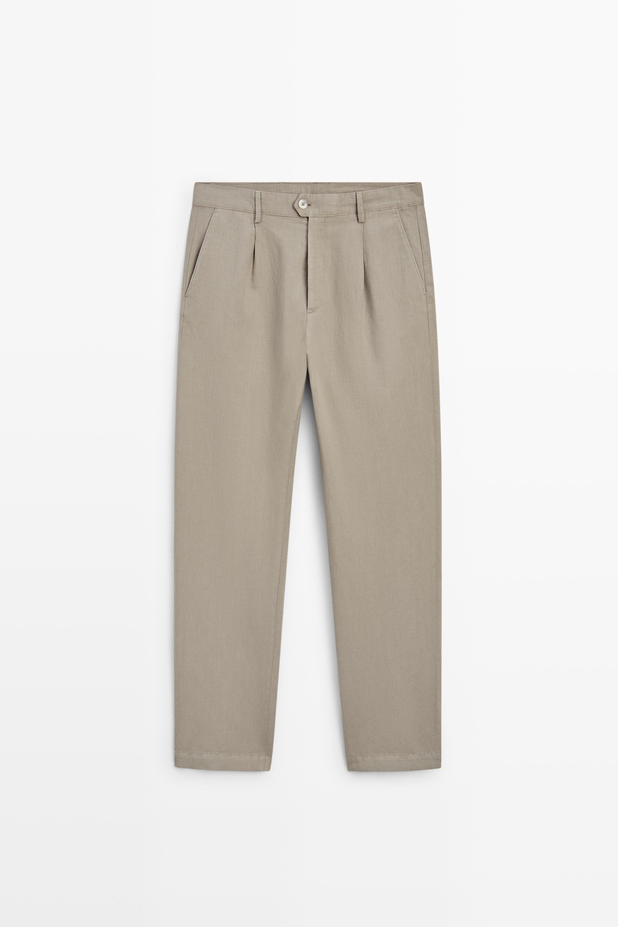 Straight-leg linen and cotton trousers with darts — BEIGE