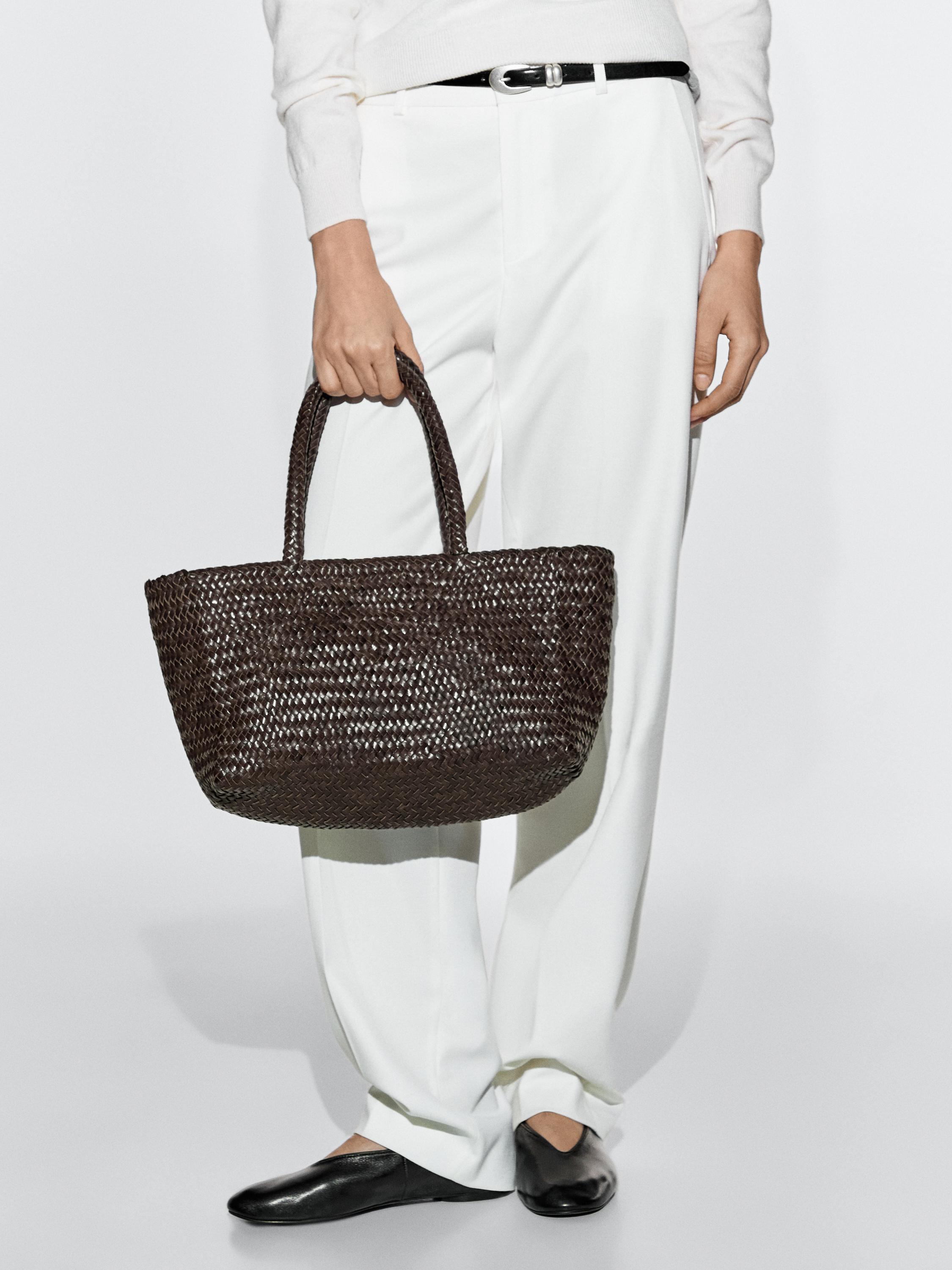 Medium braided nappa leather tote bag — BROWN