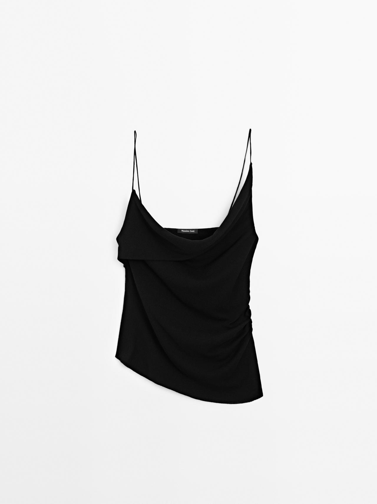 Massimo Dutti - Dame - Top I 100 % Bomuld Med Asymmetrisk Halsudskæring - Sort - Xs