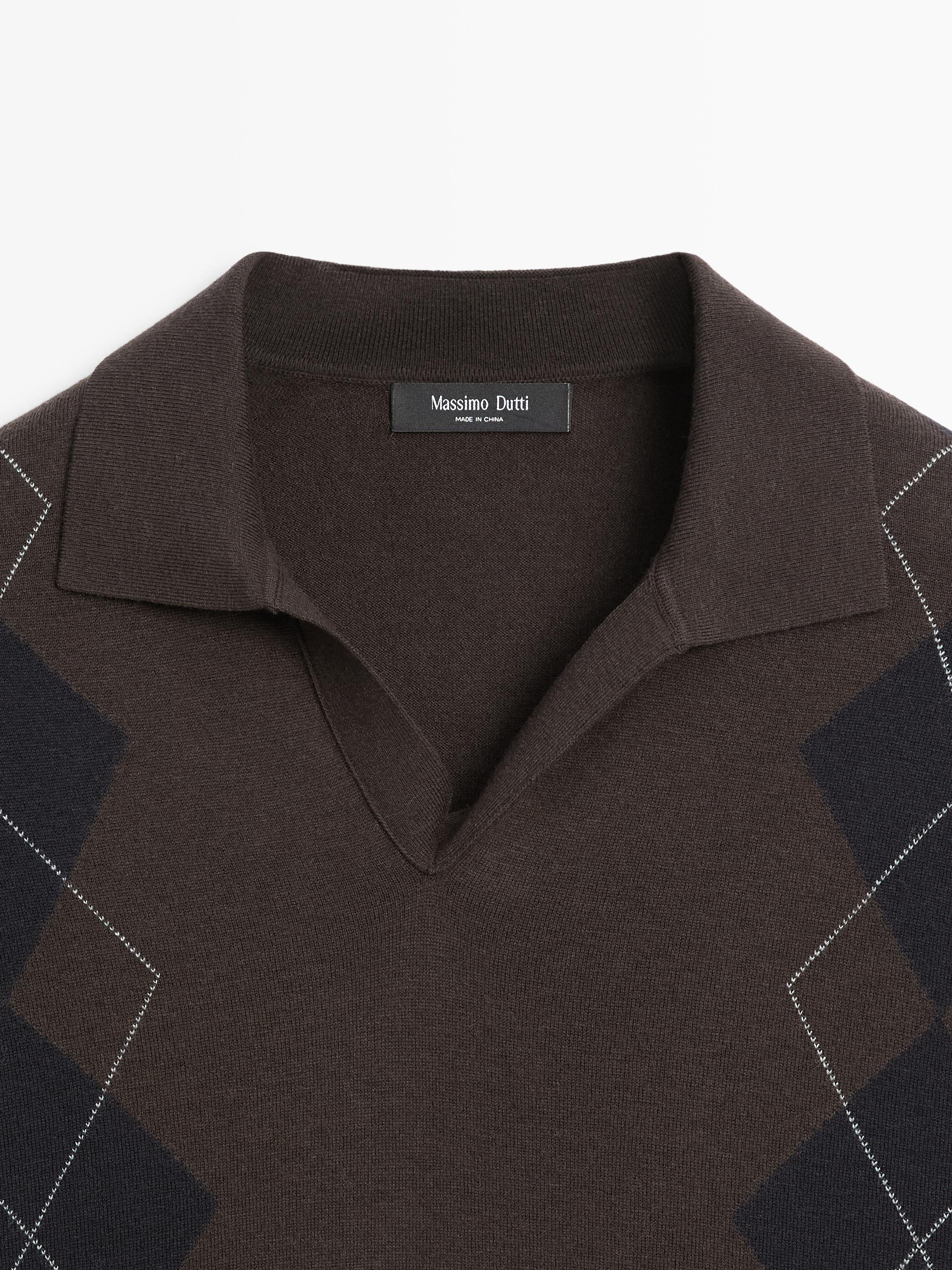 Wool blend argyle knit polo sweater — BROWN
