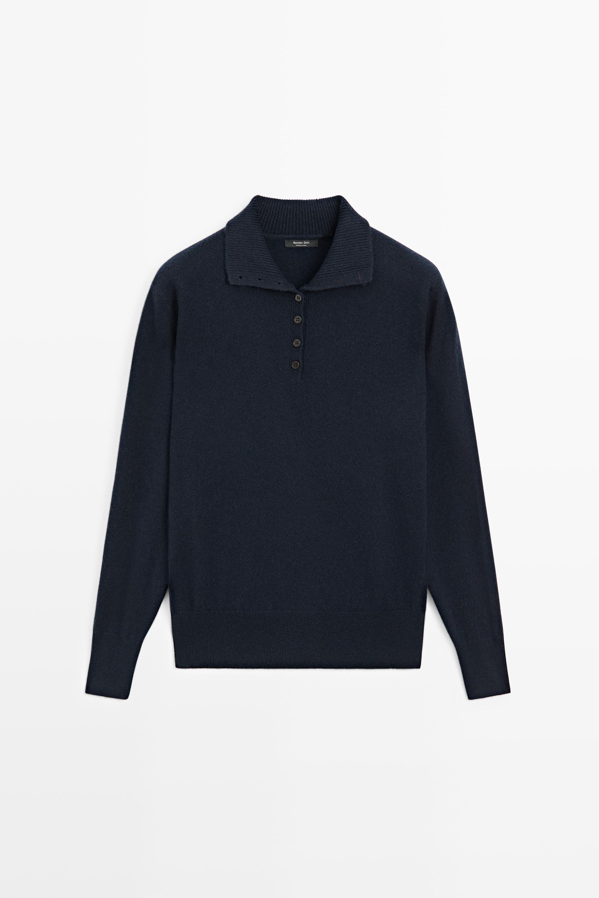High neck knit sweater with button detail — NAVY BLUE