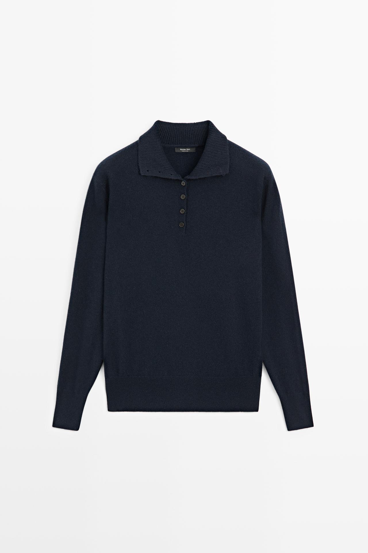 High neck knit sweater with button detail — NAVY BLUE