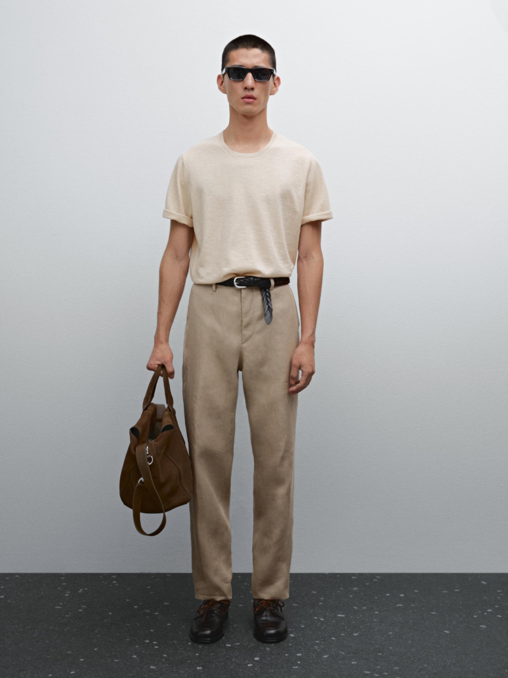 Pull À Manches Courtes En Maille De Coton Mélangé - Beige - Xl - Massimo Dutti - Homme