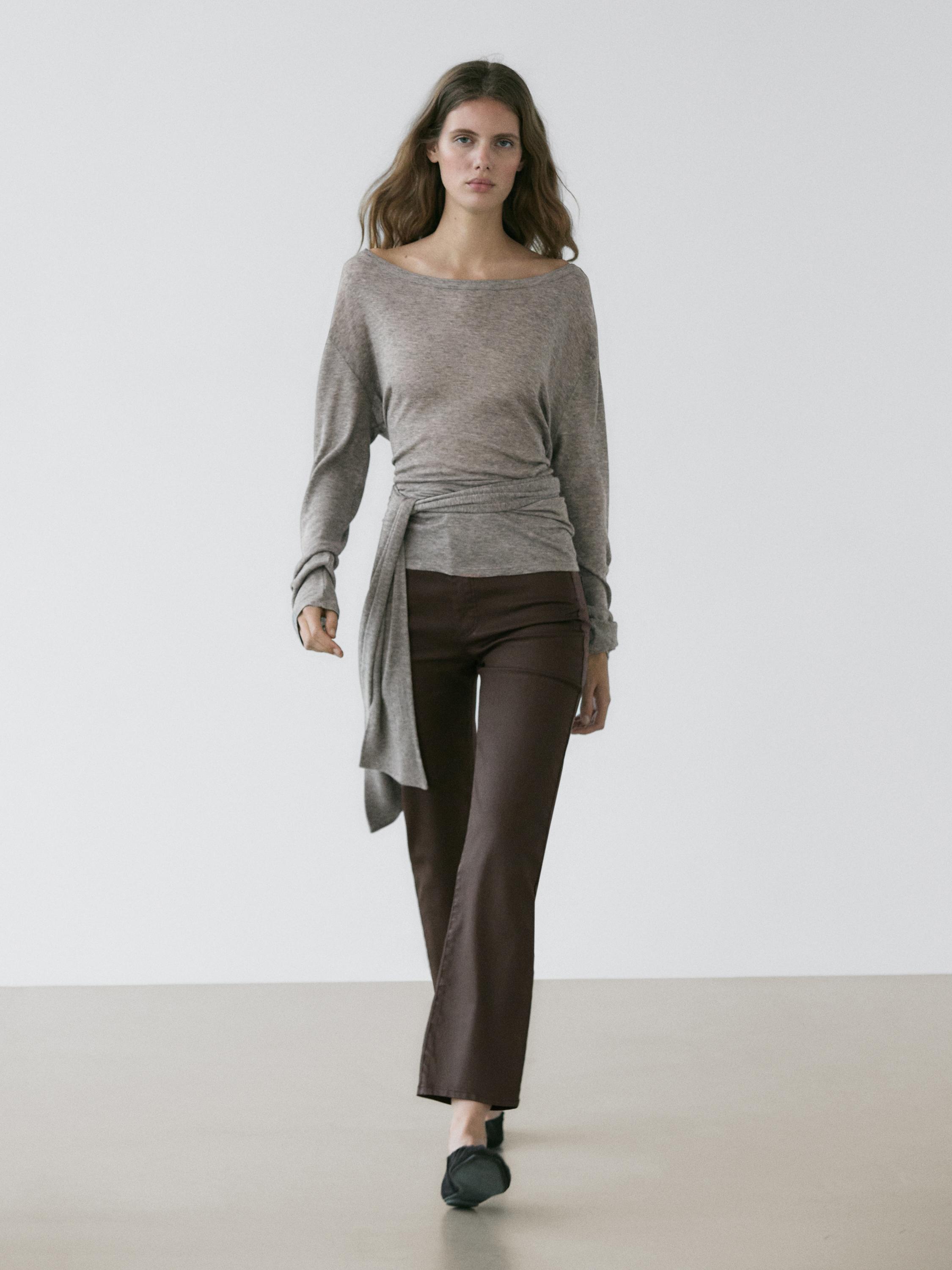 High-waist straight-leg waxed trousers — BROWN